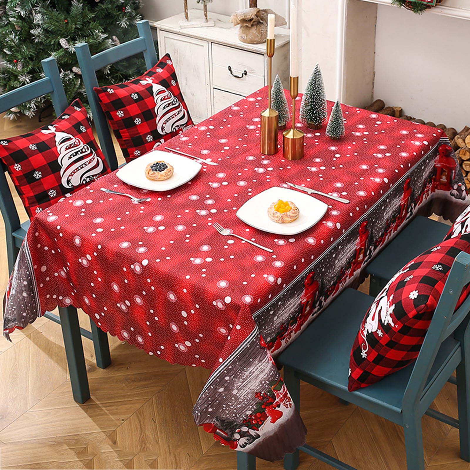 Mantel Rectangular De Navidad Con Diseño De Flores Navideñas Para Mesa De Navidad Con Estampado A Cuadros De Navidad, De Poliéster Mantel Para Invierno, Vacaciones, Navidad, Hogar, Fiesta, Decoración
