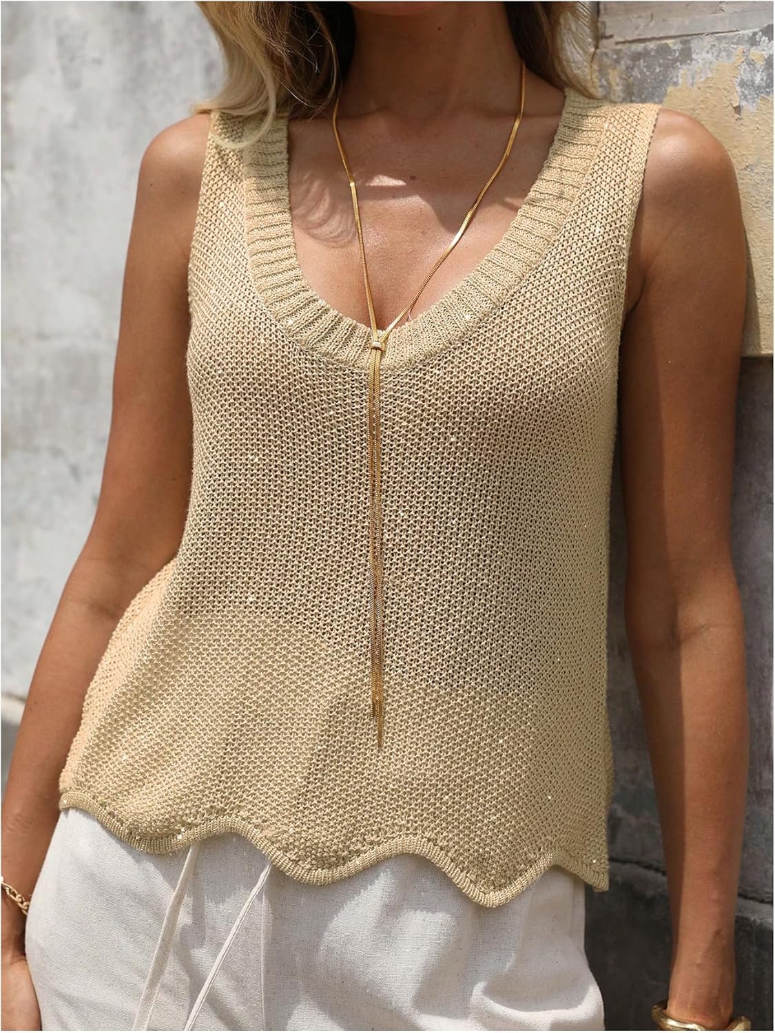 MakeMeChic Women's Crochet Sparkly Tops Summer Beach Vacation Tank Tops Sleeveless Sweater Vest - Image 3