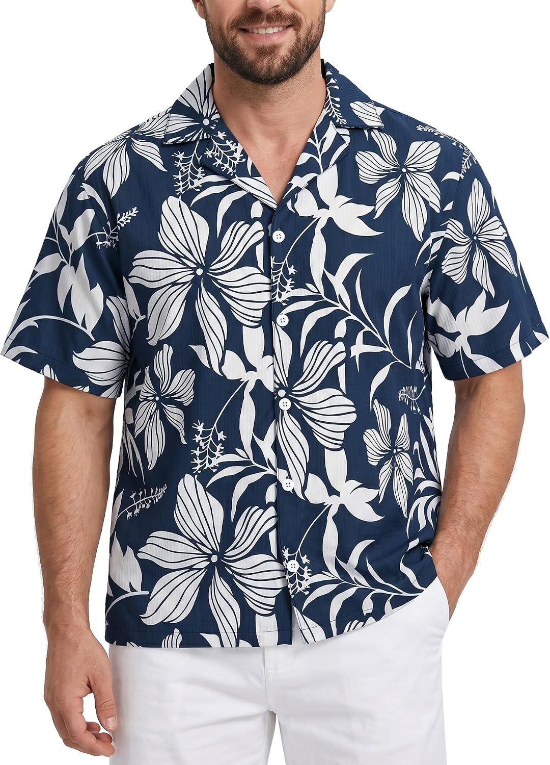 Men's Hawaiian Shirt Short Sleeve Button Down Water-Repellent Cuban Collar Textured Tropical Beach Summer Shirt