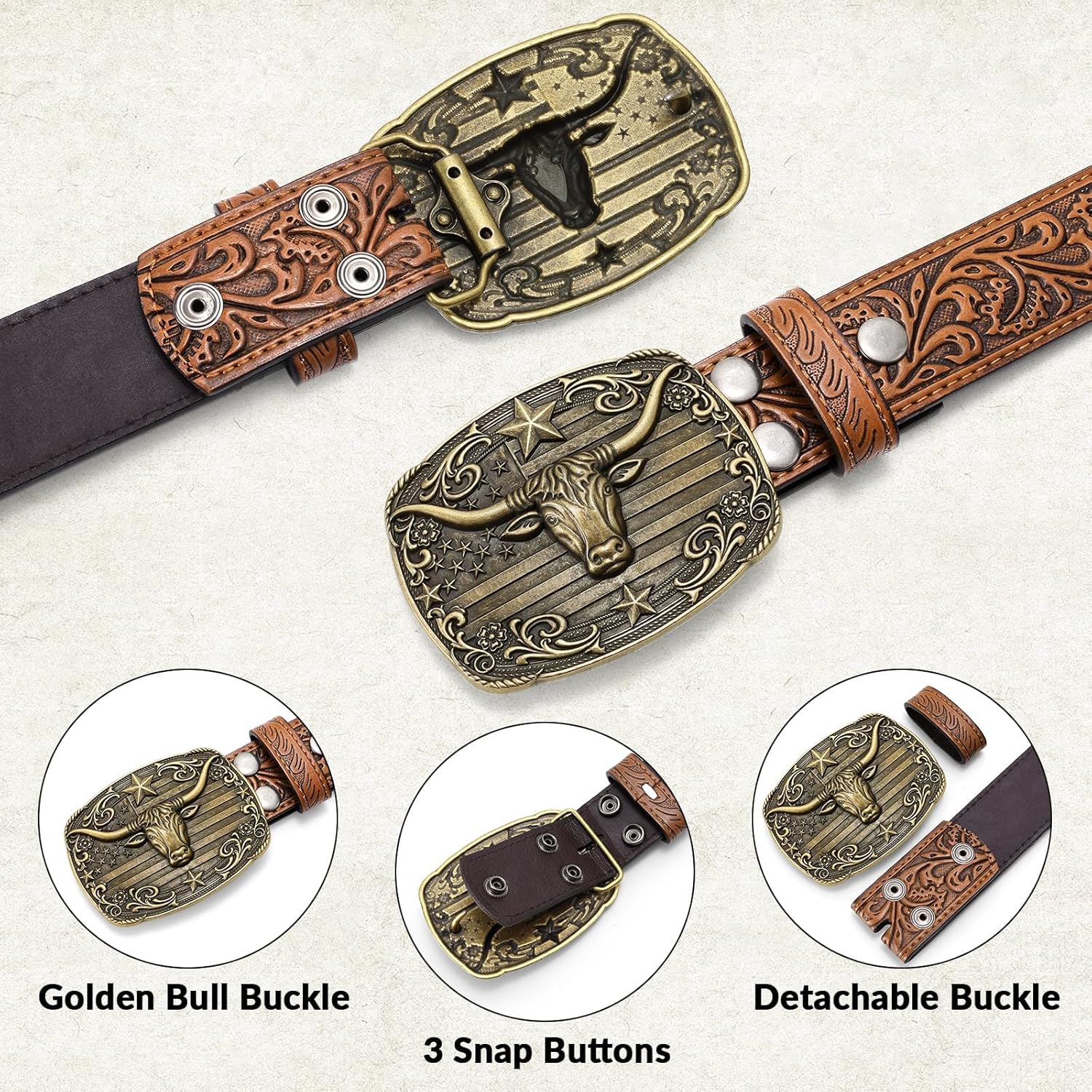 Cowboy Western Belts for Men Women, Mens Western Cowboy Belt Embossed Belt Bull Buckle for Jeans Gifts Christmas - Image 3