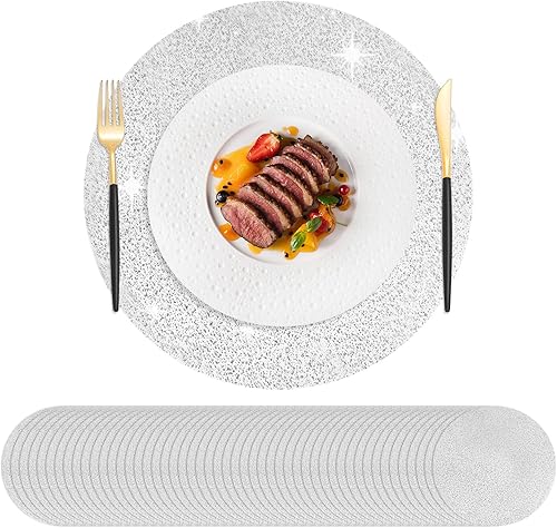 Miniatura 16 de Hysenm Juego de 50 manteles individuales desechables dorados metálicos redondos de 13 pulgadas de malla de papel de aluminio prensado, tapetes de