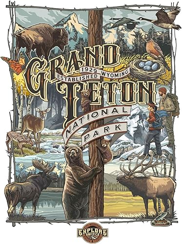 Grand Teton National Park Collage Giclée - Póster impreso de obras de arte de viaje por el artista Paul A. Lanquist, 9 x 12 pulgadas