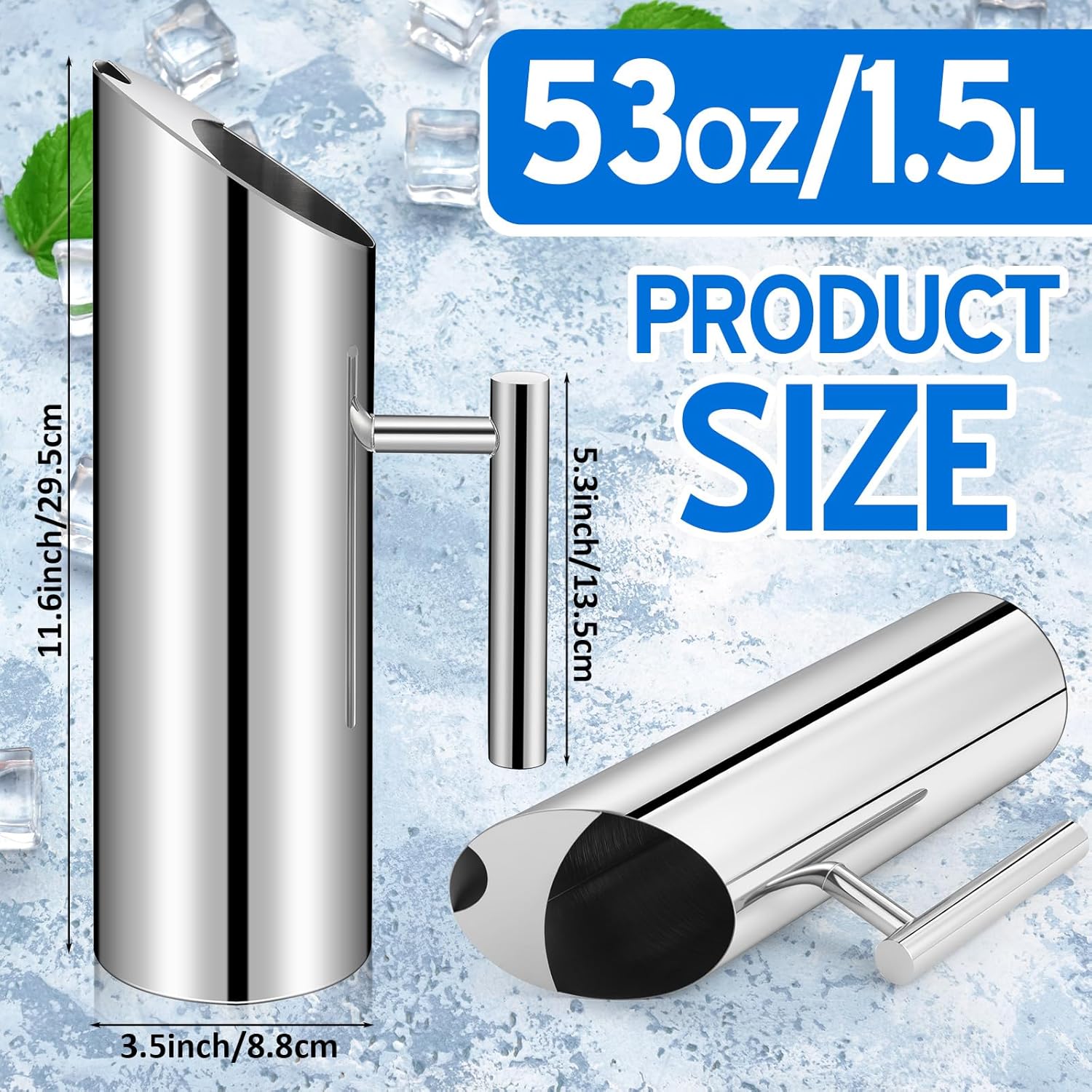 Stainless Steel Water Pitcher 53oz Modern Metal Pitcher with Ice Guard Silver Carafe Drink with Handle or Iced Hot Drink Tea Juice Coffee Beer - Image 2