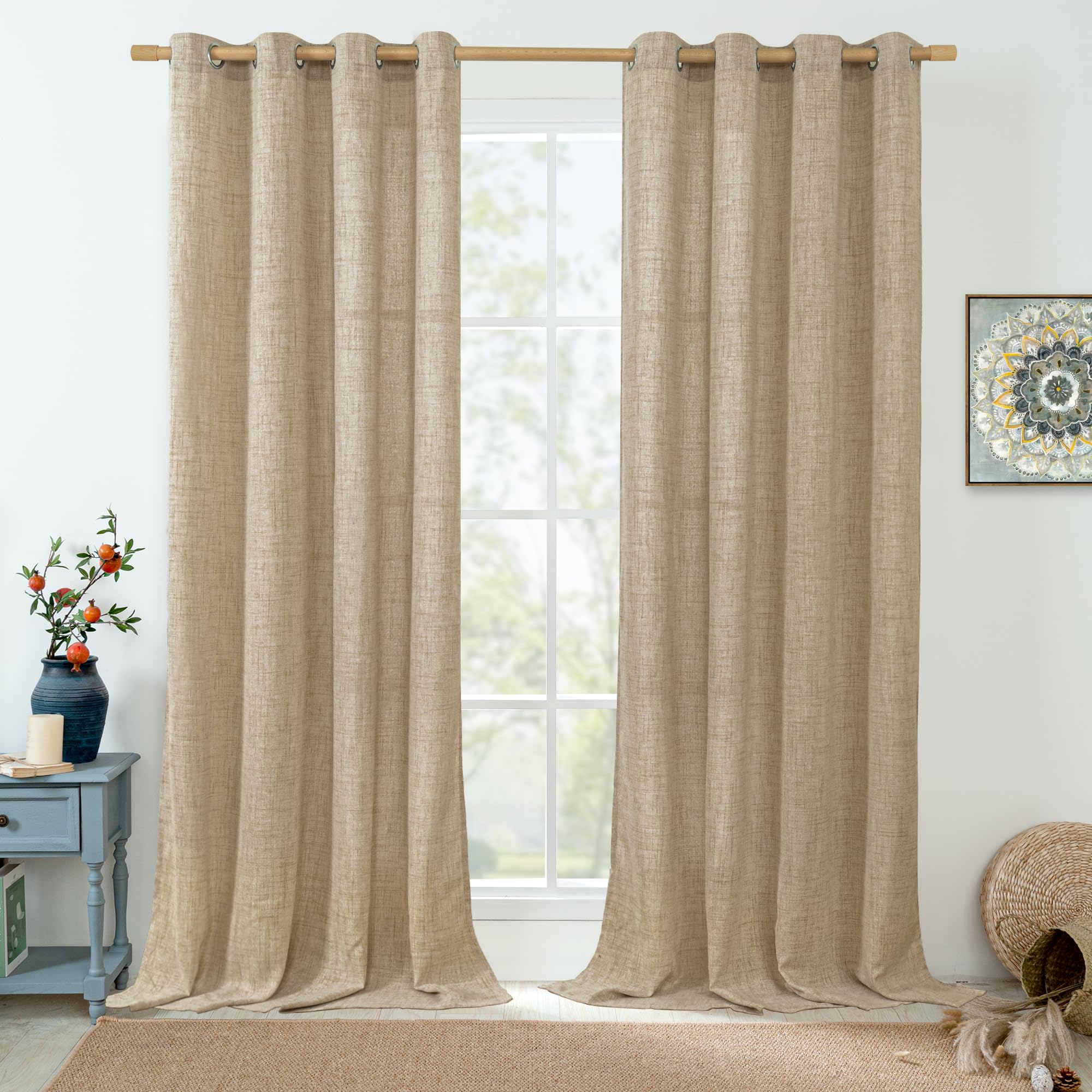 QUEMAS Set of 2 Faux Natural Linen Curtains for Bedroom and Living Room, 108 inches Long, Light Filtering, Burlap Fabric, Taupe, 52 x 108 Inch — image 1