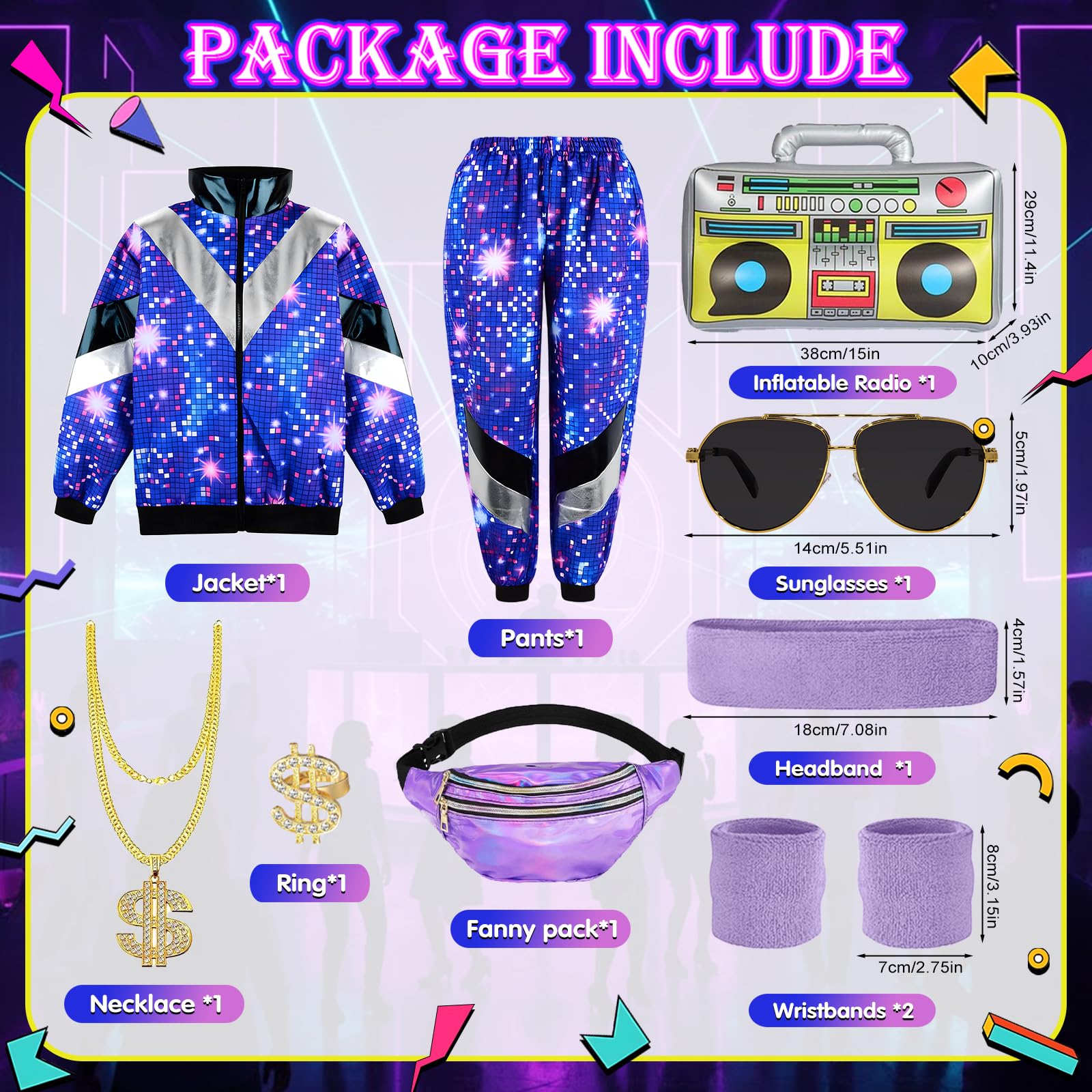 Déguisement Année 80 Homme Femme Costume Années 80 Survêtement Rétro Avec Veste Et Pantalon, Déguisement Année 80 90 Accessoire Deguisement Disco pour Carnaval, Soirée Deguise, Jogging
