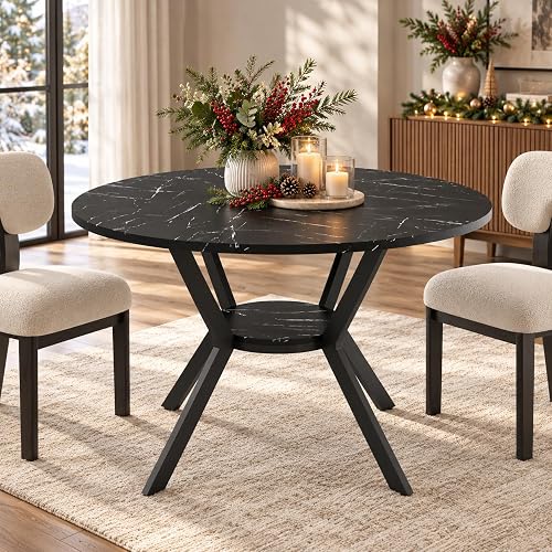 42" Round Dining Table for 2-4, Black Kitchen Table with Faux Marble Tabletop & Metal Legs, Space Saving Circle Table with Storage, Wood Kitchen & Dining Room Tables for Kitchen Dining Room