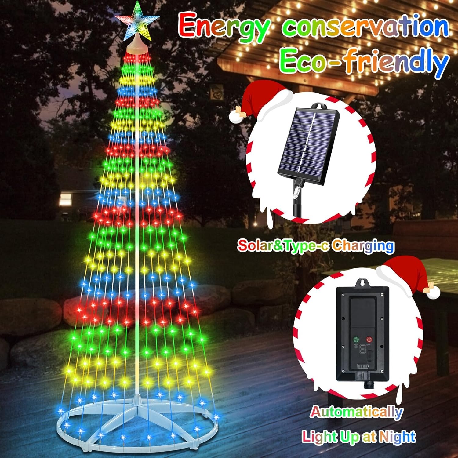 7.5Ft 312 LED Solar Christmas Cone Tree Lights with Star Topper, Outdoor Christmas Tree with 11 Modes Timer Remote, Dimmable, Waterproof for Yard Holiday Christmas Decoration, Warm White & Multicolor - Image 8