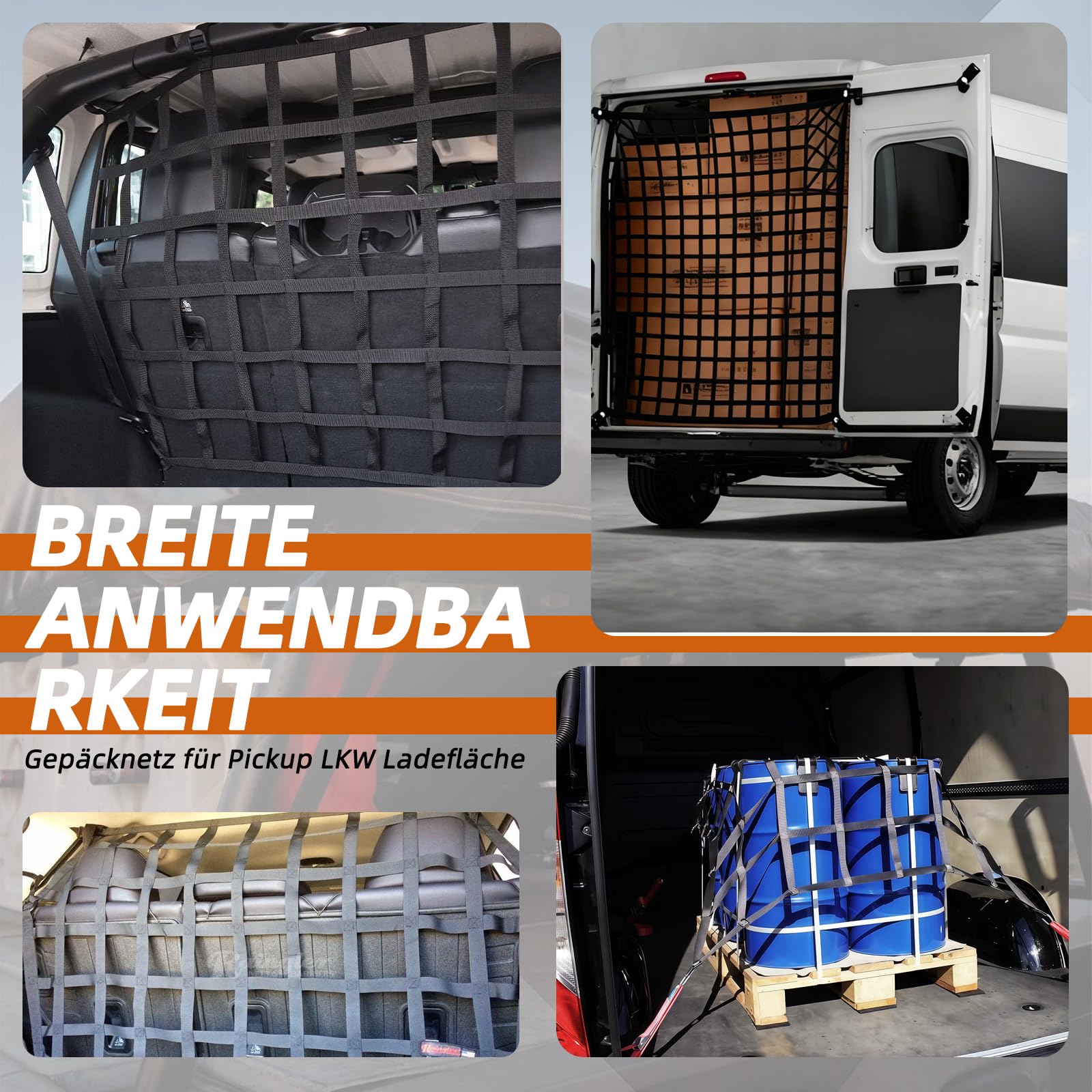 Ladeflächennetz: Reißfestes Laderaumnetz mit 4 verstellbaren Gurten zur Ladungssicherung auf Pickup-Anhängern. Passend für Transporter, Ducato, Boxer, Jumper, Opel Movano, Ford Transit, Mercedes-Benz