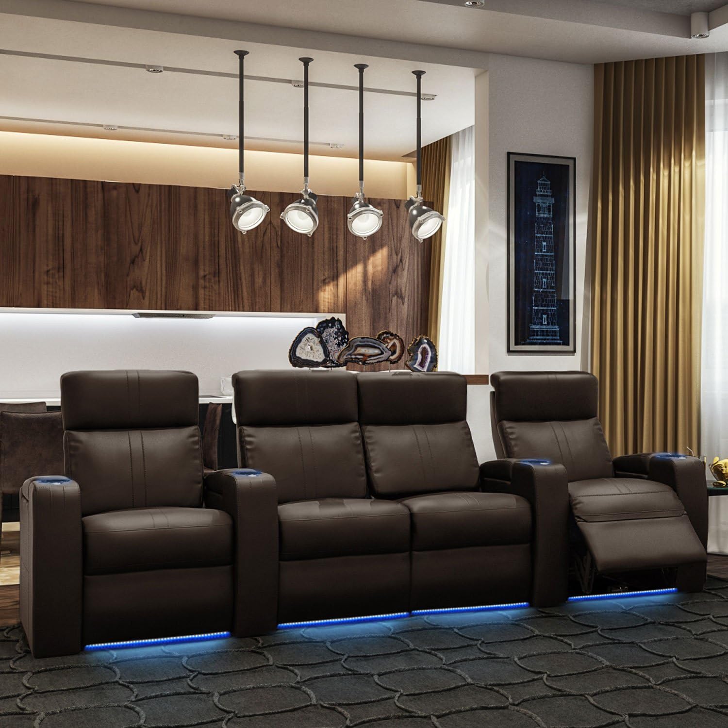 Octane Seating Flash HR Series Home Stadium Seating - Black Top Grain Leather - Power Recline - Motorized Headrest - Lighted Cup Holders (Row of 4 Center Loveseat, Brown)