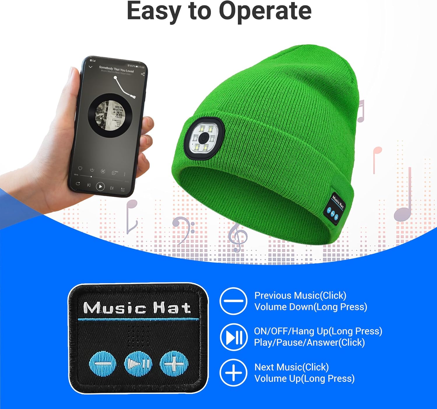 Bluetooth Beanie with Light, Beanie with LED and Bluetooth Headphones, Rechargeable,Unique Tech Gifts for Men Women - Image 4