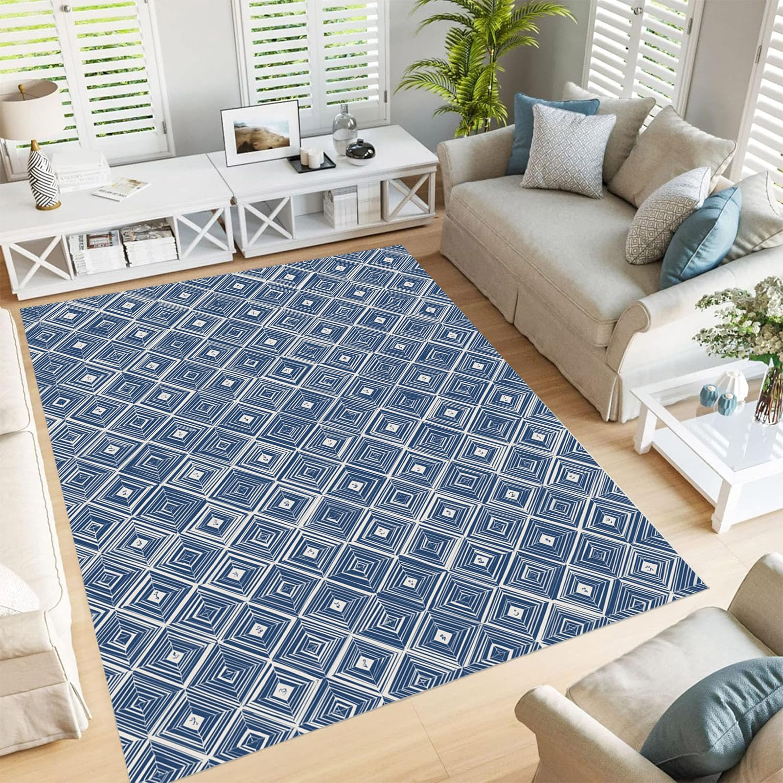 Tapis Lavable Losange Rayé, Antidérapant Géométrie Orientale, Résistant Aux Taches pour Intérieur, Décoration pour Salon, Chambre À Coucher, Bureau - Bleu Marine - 80X150Cm