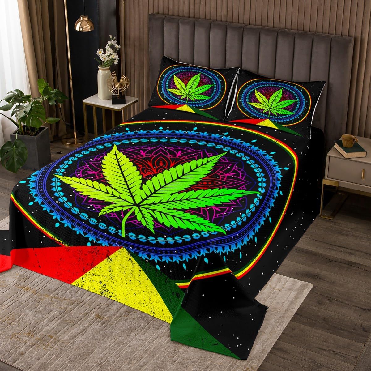 Rainbow Marijuana Weed Coverlet Set Chic Bohemian Tropical Plants Quilted Coverlet Boho Mandala Flowers Comforter Set Bedspreads Quilt Set for Children Kids Coverlet Set,Twin Size 2 Pcs