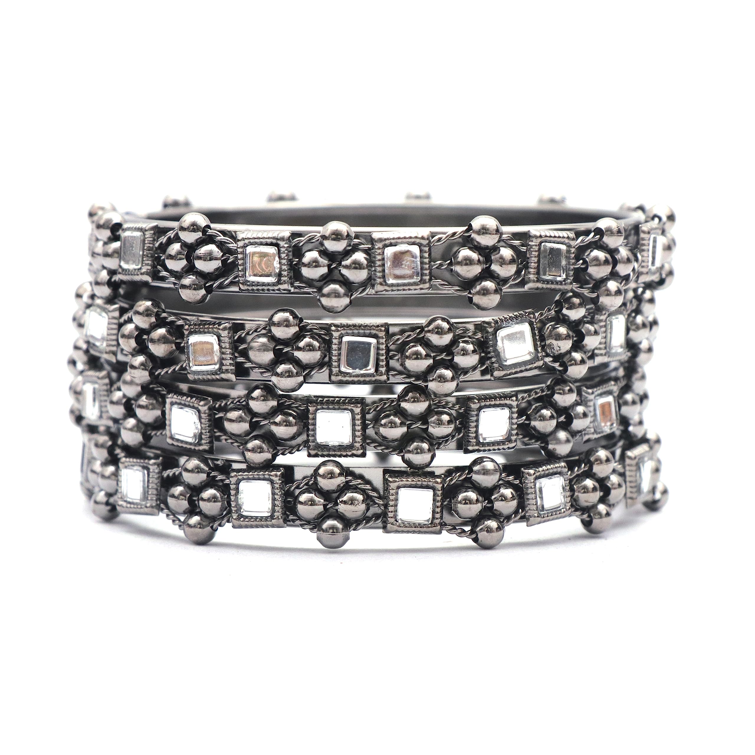 NAVMAV Traditional Oxidised Mirror Work Bangles Set Crystal & Kundan Stone-Studded Bangles Set For Girls & Women (Pack of 4)