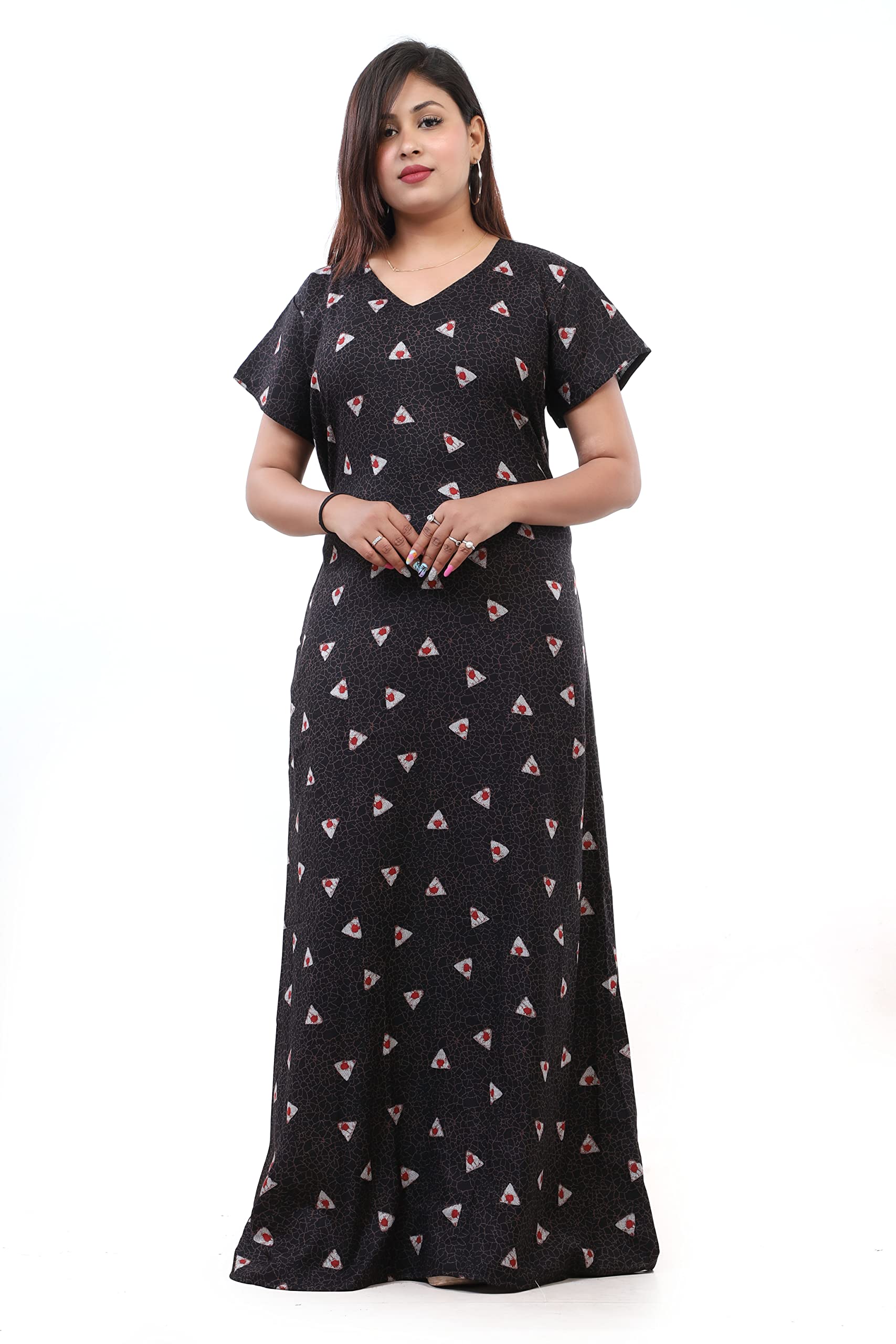 NIGHTFABWomen's Alpine (Cotton, Rayon and Polyester) V-Neck All Over Print Nightdress | Maxi | Nighty