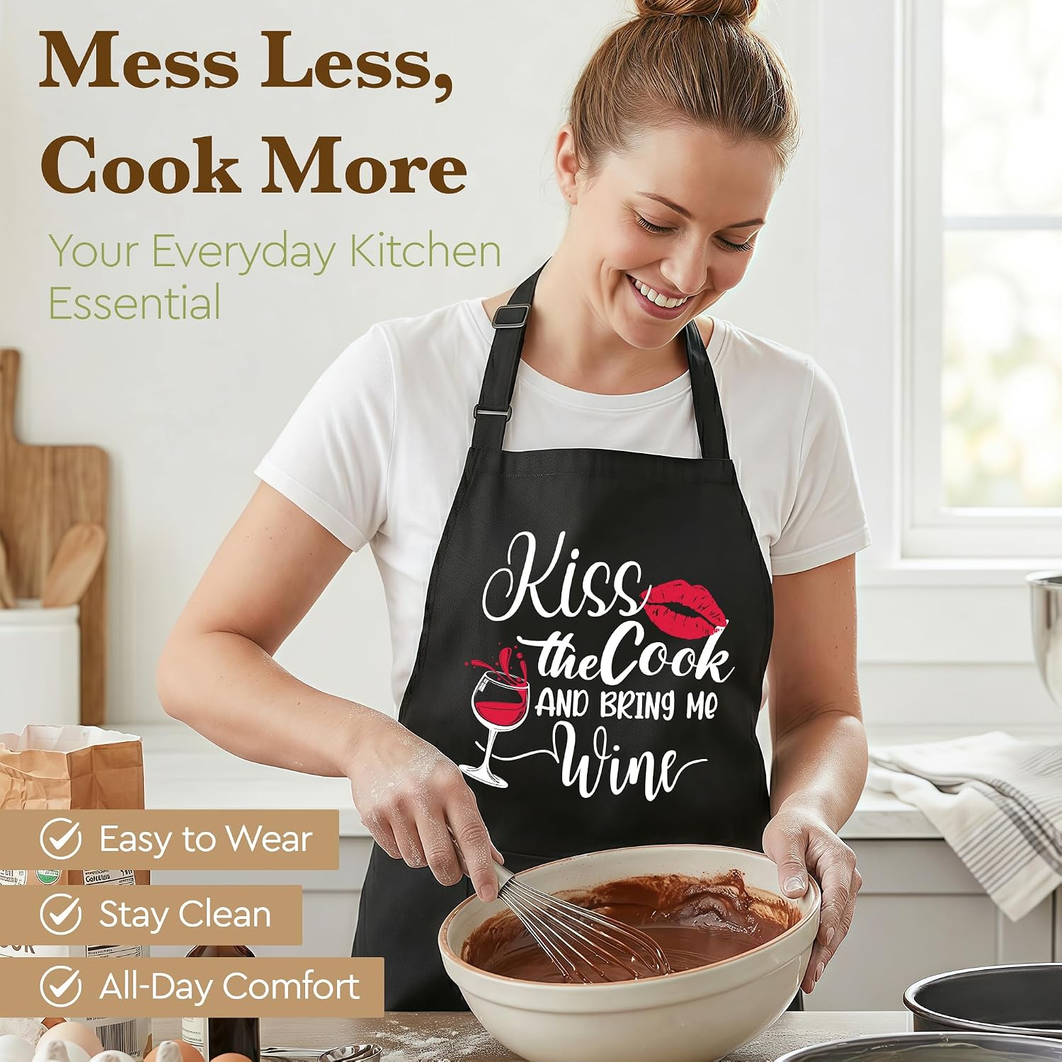 Funny Apron Gifts for Women Kiss the Cook and Bring Me Wine Apron, Cooking Apron Gift for Wife Girlfriend Mom, Wine Lover Kitchen Apron with Pockets Adjustable,Cute Chef Gift for Mother's Day