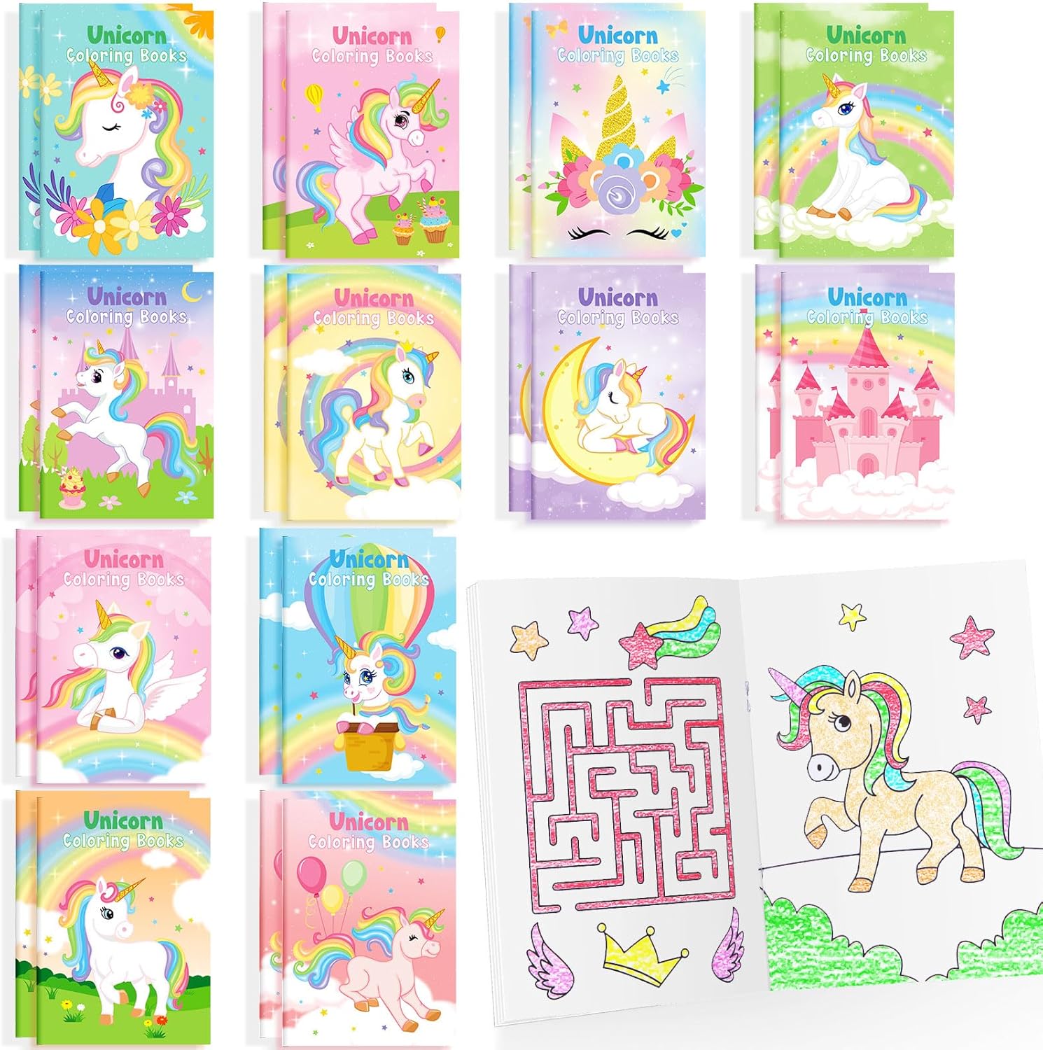BenLouis 24 Pcs Unicorn Mini Coloring Books Kids Rainbow Party Favors Small Activity Books Bulk for Kids Unicorn Birthday Goodie Bags Stuffers Return Gifts Classroom Travel Unicorns