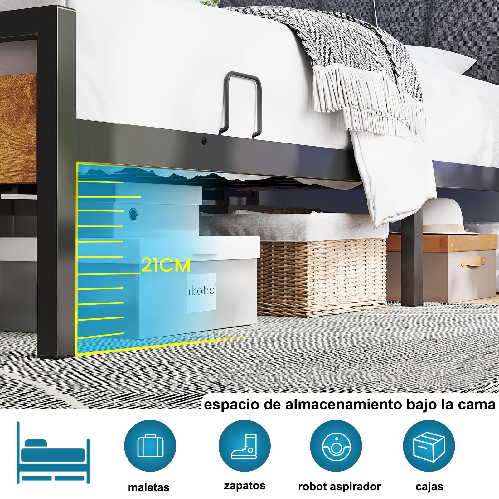 Brinlawb Cama 90x200 cm con regleta de enchufes integrada (2 Tomas de Corriente AC y 2 Puertos USB) Tira de luz LED, Somier 90 x 200 cm, Cama Individual con Estructura de Metal y cabecero. Gris