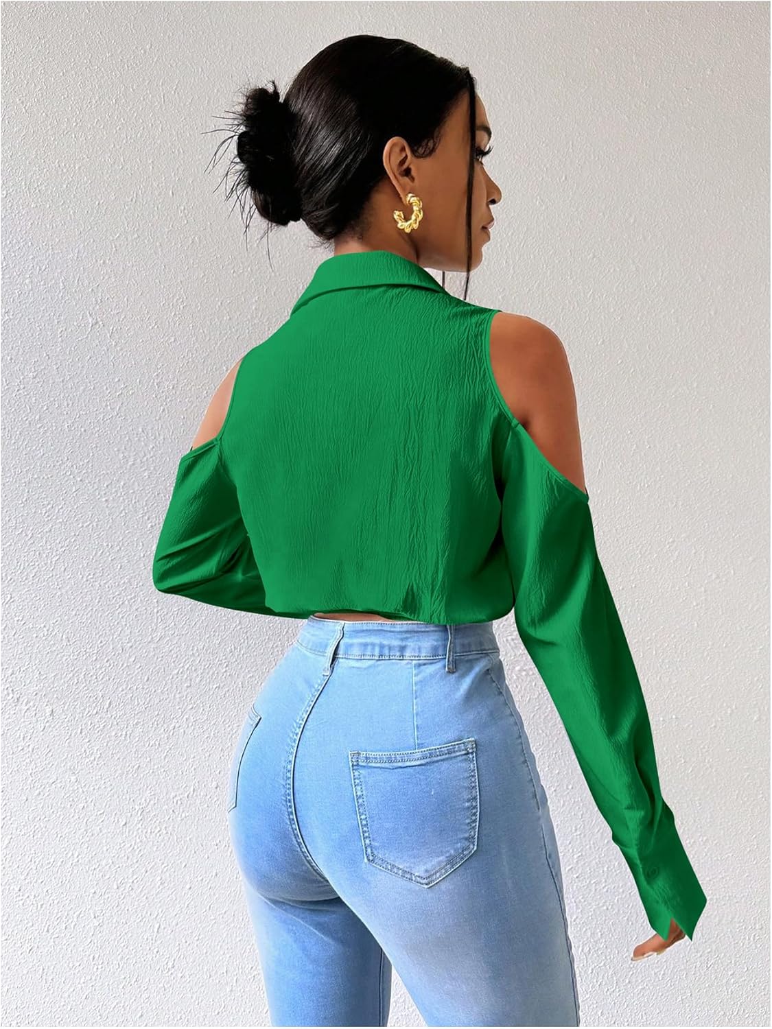 SweatyRocks Women's Cold Shoulder Long Sleeve Button Down Collared Cropped Blouses - Image 2