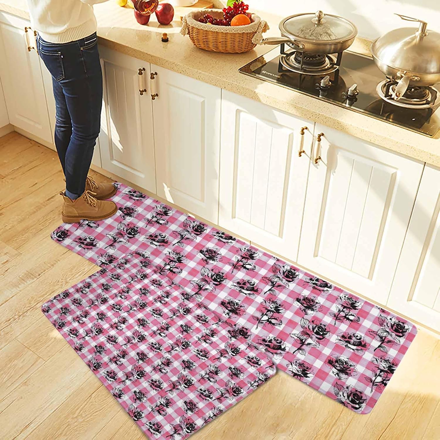 Valentine's Day Kitchen Rugs and Mats Set of 2, Non-Slip Kitchen Sink Mat, Black Roses Floral Pink Plaid Vintage Washable Doormat Bathroom Rugs Runner for Bedroom/Living Room 19.7"x23.6"+19.7"x47.2"