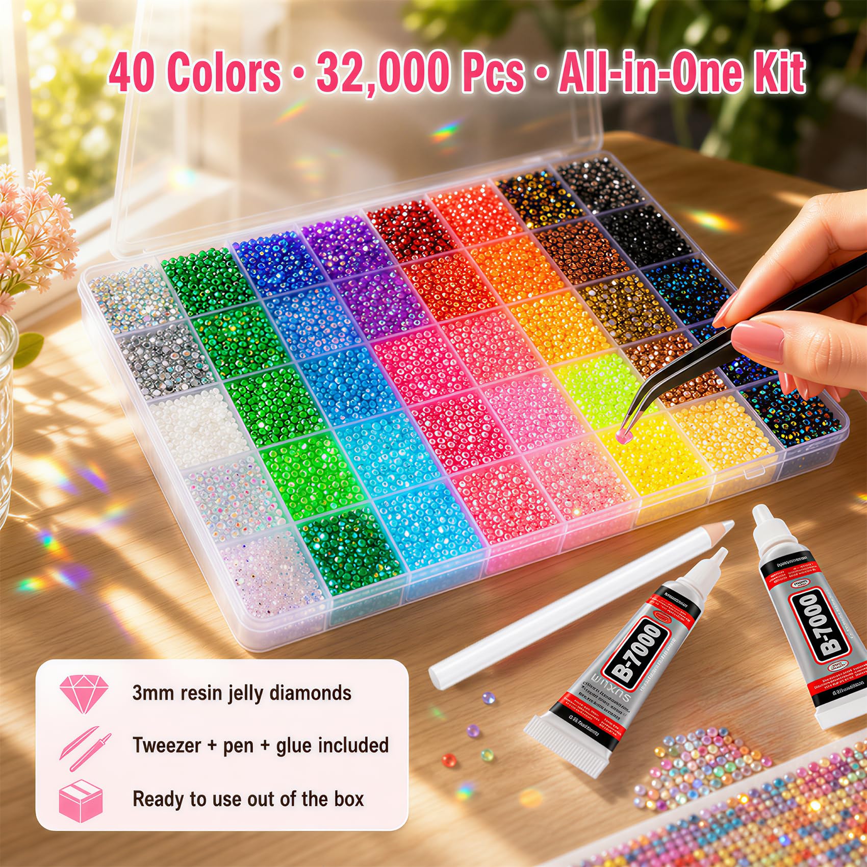 32000 Stück Bedazzler Kit, 40 Farben 3mm Glitzersteine Zum Basteln, Strasssteine mit Kleber und Wachsstift, Glitzersteine Nägel, Bedazzling Kit, Rhinestones für Nägel Textilien Painting Bastelarbeiten
