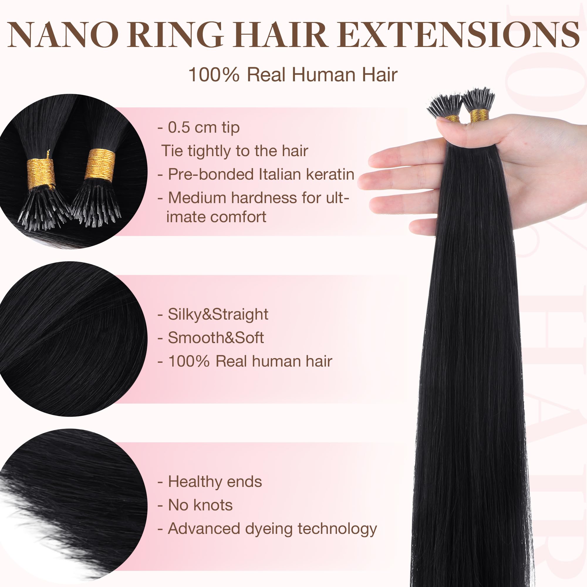 GOO GOO Nano Hair Extensions Real Human Hair, Nano Beads Hair Extensions - Image 2