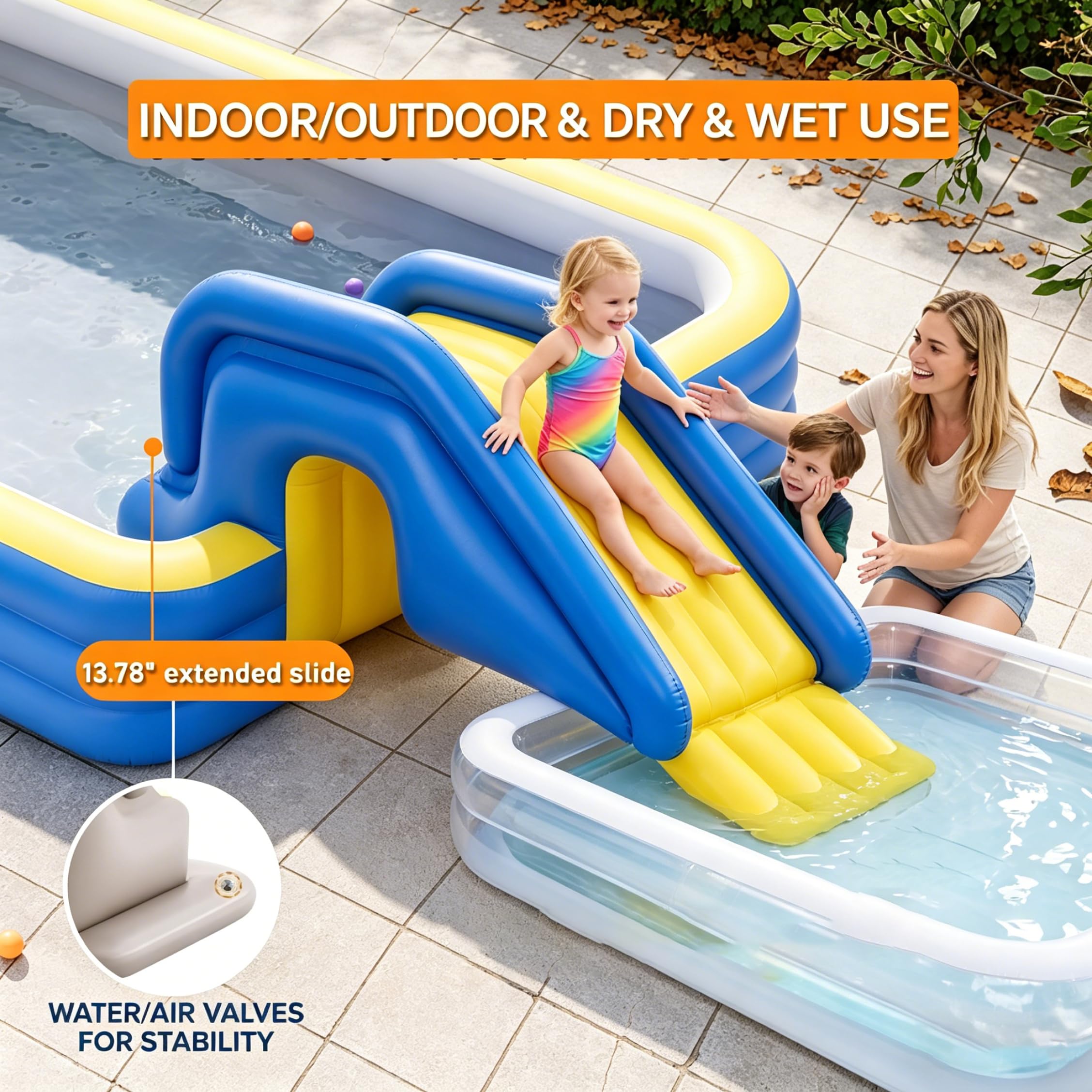 Piscine Toboggan Gonflable avec Pompe à Pied Anti-basculement Bleu