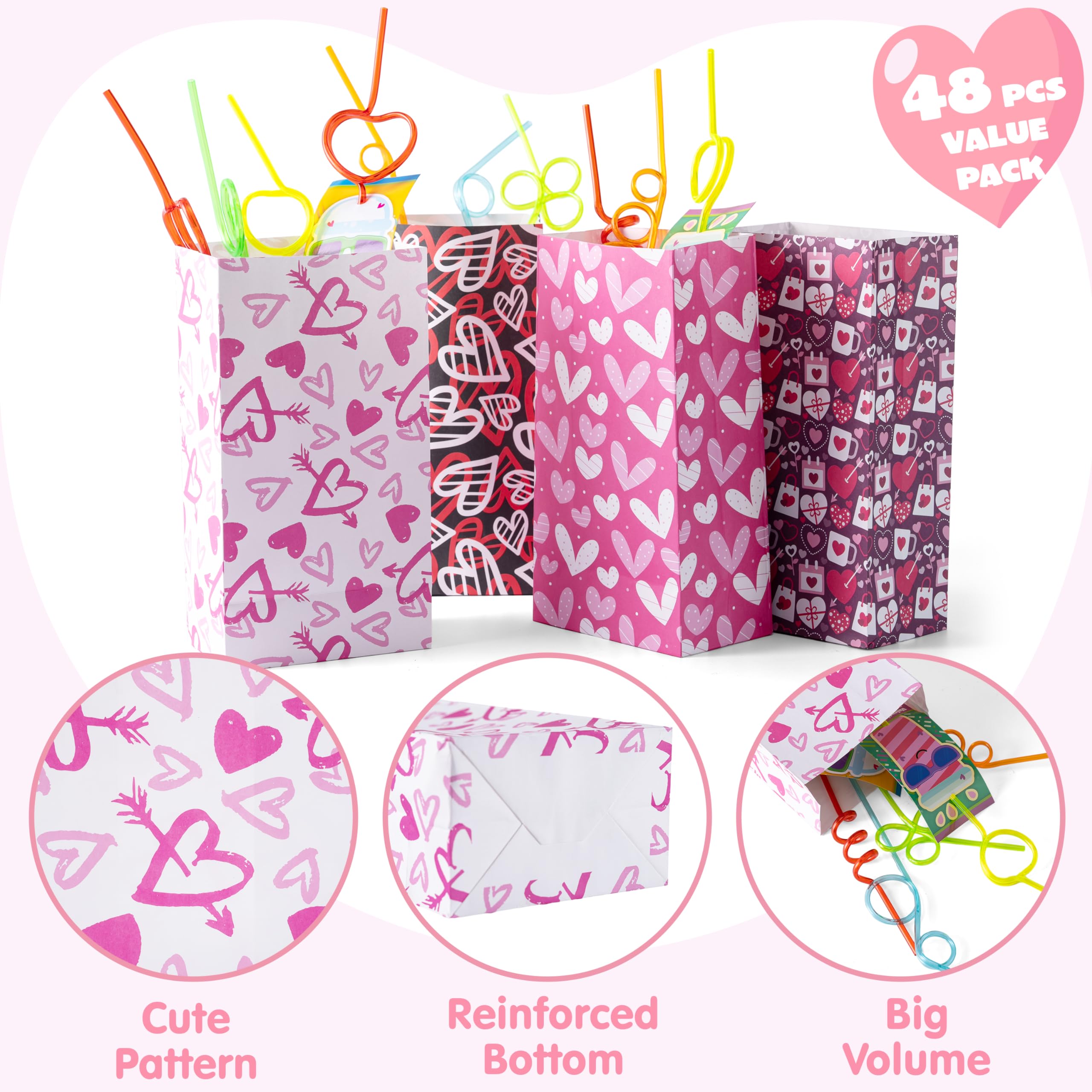 JOYIN 48 Pcs Valentine’s Day Paper Gift Bags, 9.5" Goodie Bags ,Treat Bag with Love Sticker for Valentine Party Favors Gifts, Wedding Gift ,Giving Gift Wrapping Birthday,Classroom Exchange Prizes