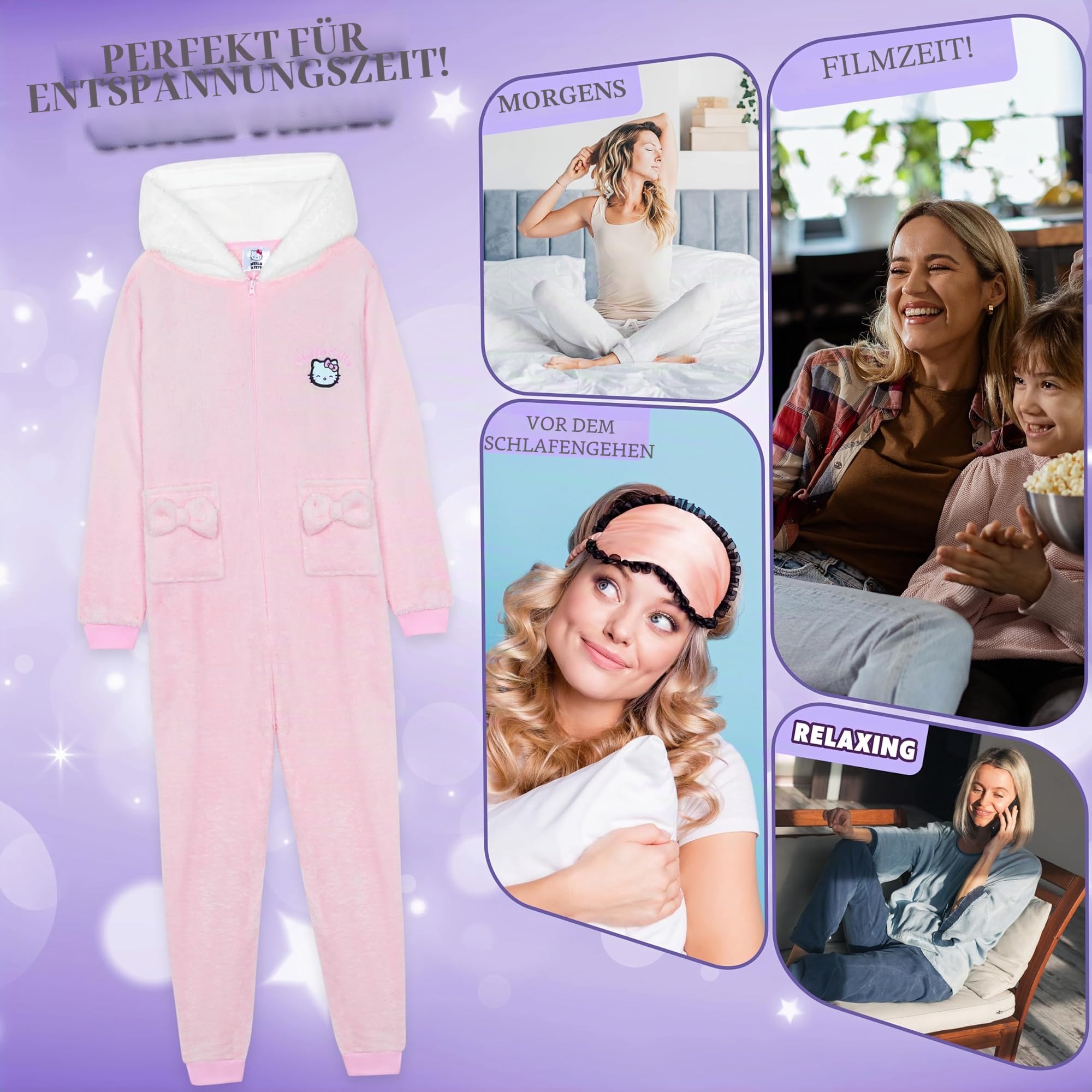 Hello Kitty Sanrio Schlafanzug Einteiler Damen Teens, Flauschiger Kapuzen Onesie Pyjama mit Taschen, Anime Geschenke für Sie