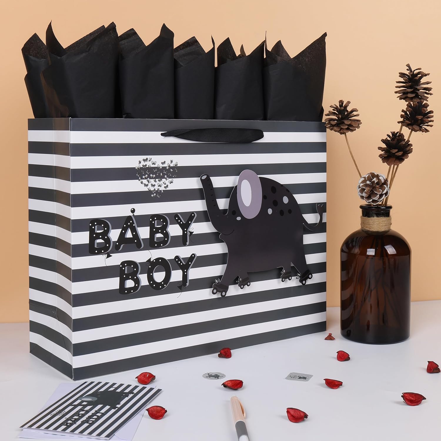 16.5'' Extra Large Baby Boy Gift Bag Set with Handles, Greeting Card, Black Tissue Papers and Stickers for Boys Kids for Baby Shower, Birthday Party, 3D elephant Design image 5