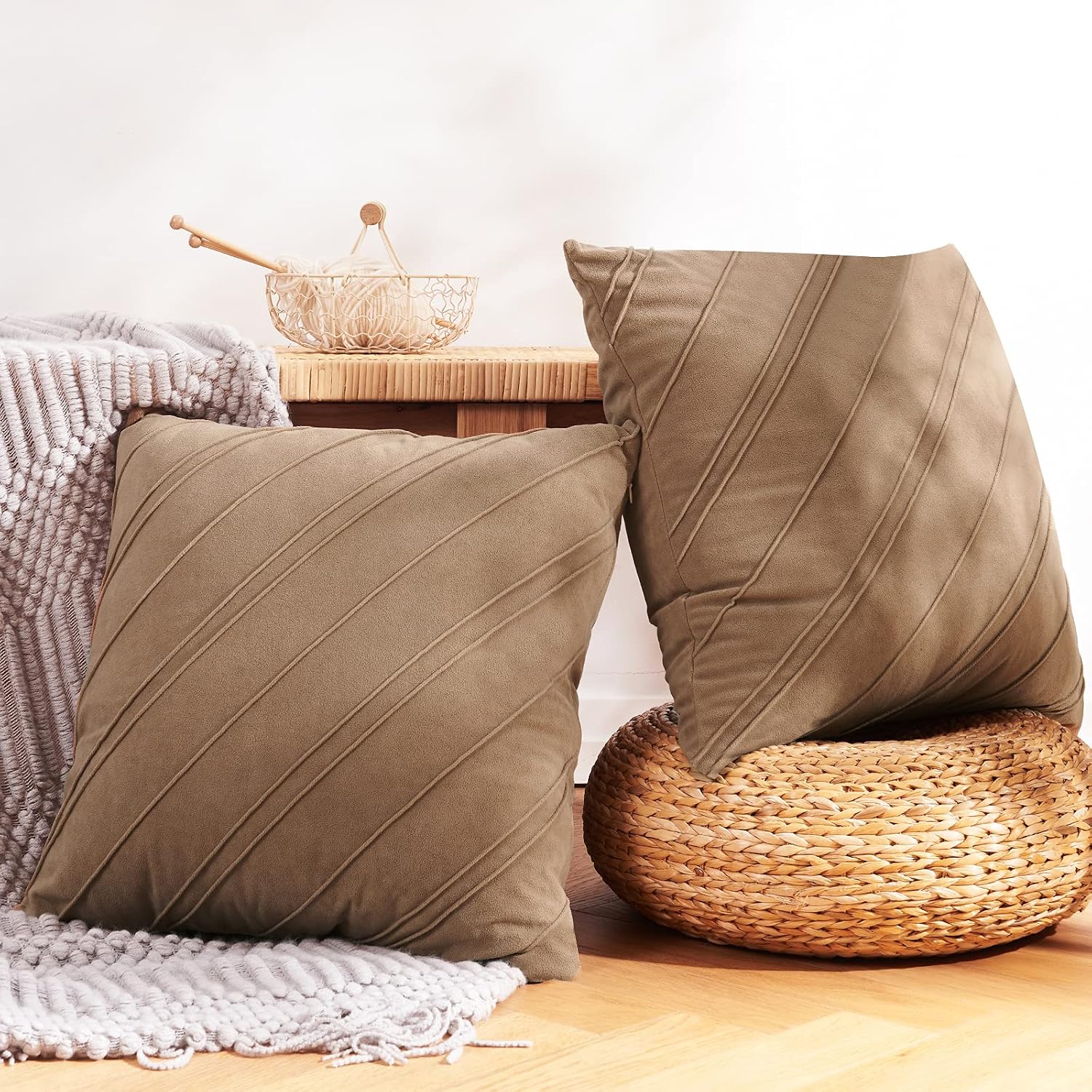 NEERYO Set of 2 Striped Fringe Decorative Throw Pillow Covers Square Soft Boho Farmhouse Cushion Cover for Bedroom Sofa Living Room Couch Decor 18 x 18 Inches Khaki