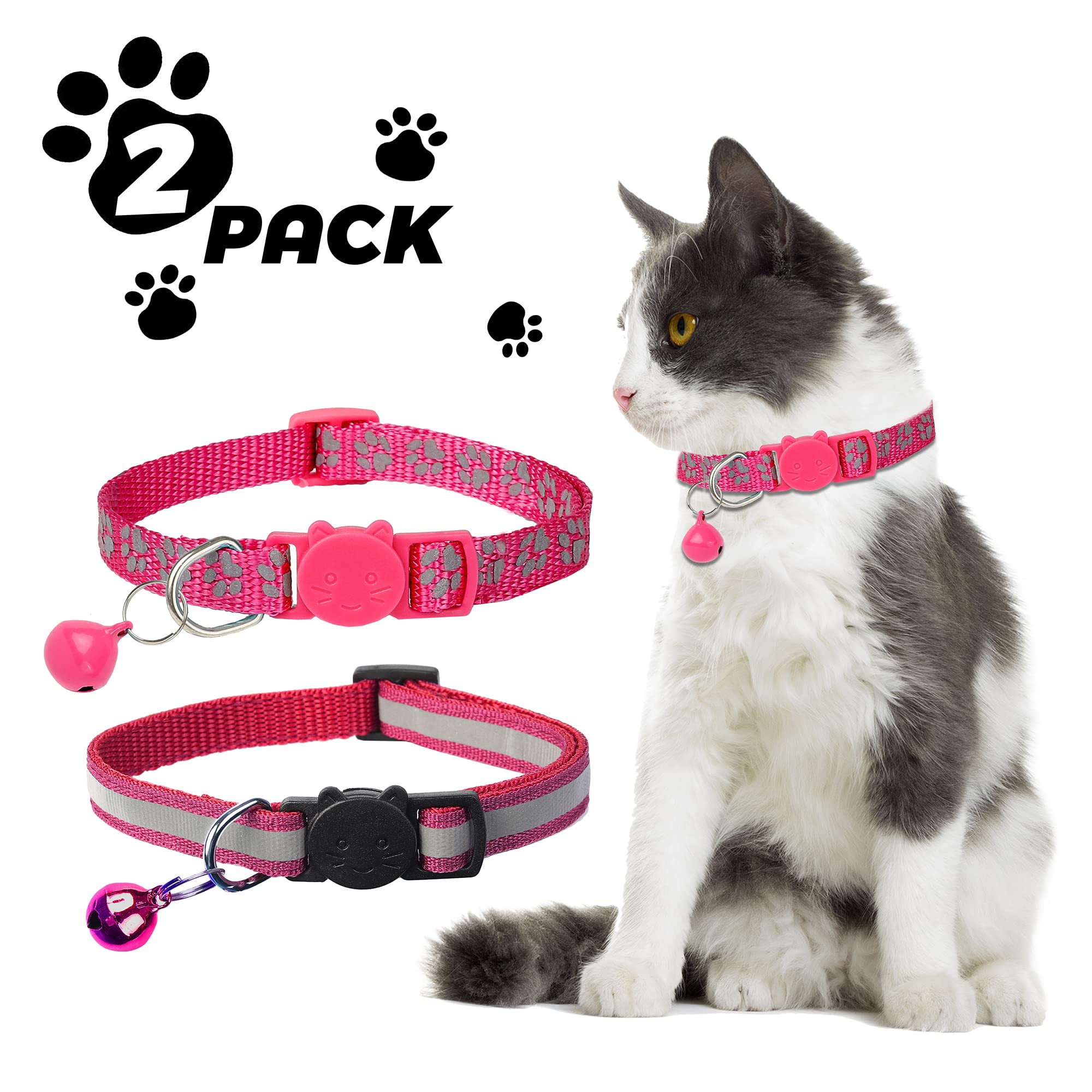Paquete de 2 collares reflectantes para gatos con campana, collares de gatito personalizados, collar de hebilla de seguridad ajustable para hombres, gatos, niñas y niños (rosa caliente)