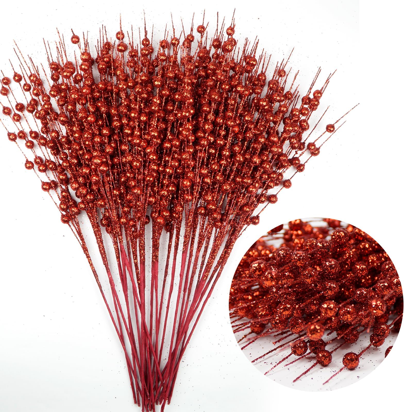 24 Pack Artificial Glitter Berry Stems, Decorative Branches for Christmas Tree, Festive Bead Sticks Glittery Twigs, Decoration Stems Christmas Wreath Ornaments, Holiday Vase DIY Home Decor (Red)