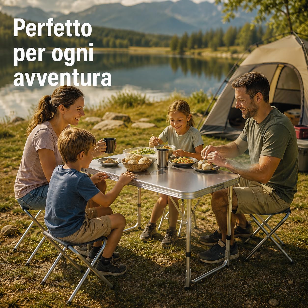 Generico Tavolo Campeggio Pieghevole con 4 Sgabelli Inclusi, Set Tavolino Pic Nic in Alluminio 120x60x70 cm, Tavolo Portatile Richiudibile per Mare Giardino Campeggio e Outdoor