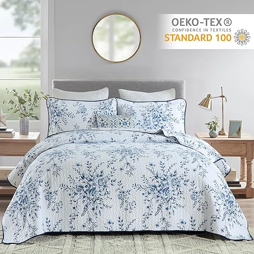 Miniatura 10 de Finlonte Colchas tamaño Queen 100% algodón ligero suave Queen Colcha Vintage Botánico Acolchado Colcha Azul Edredón Beige Floral Reversible Juego de