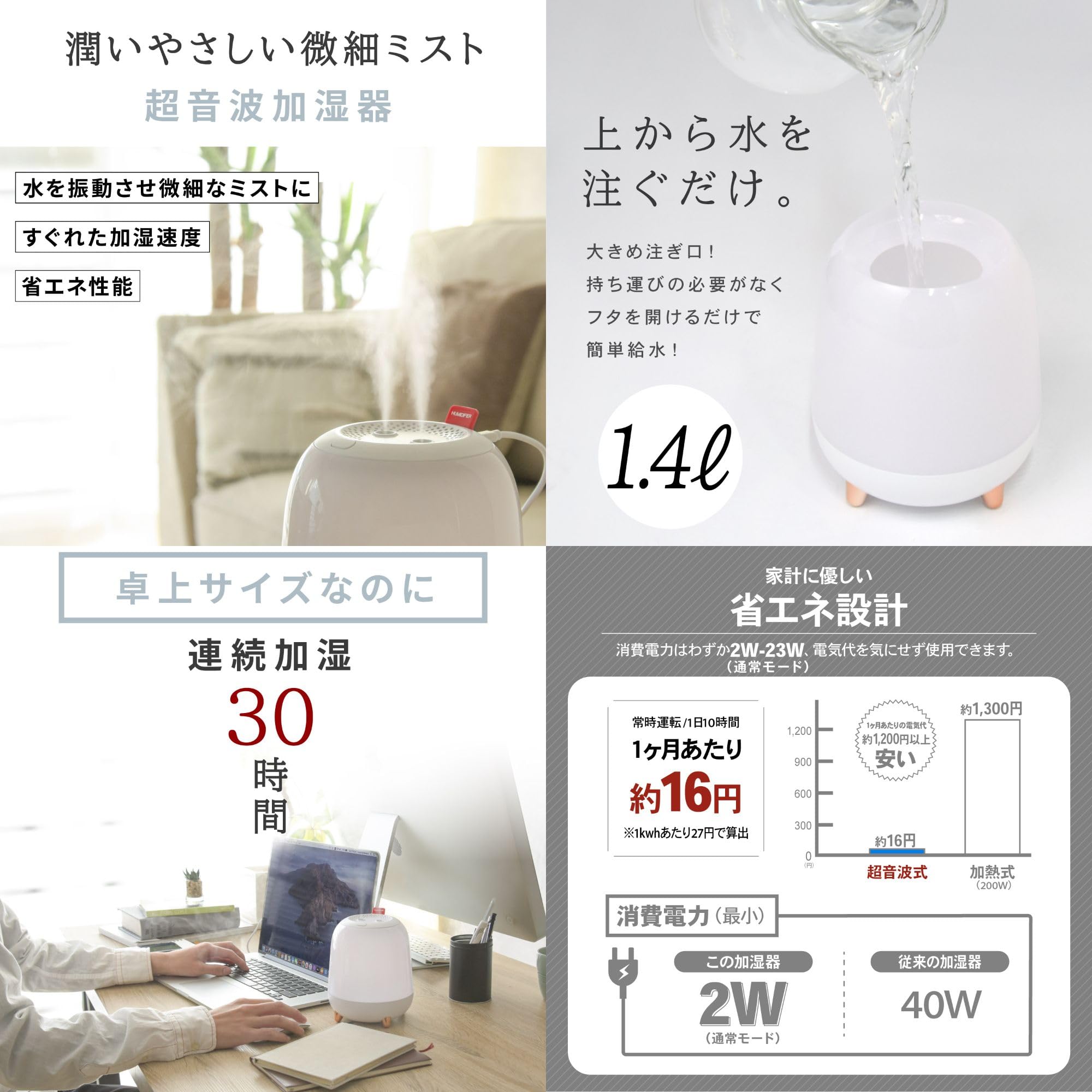 Wasser 卓上加湿器 USB電源 Amazon.co.jp: 加湿器 卓上 超音波式 1.4L 小型 静音 省エネ 上