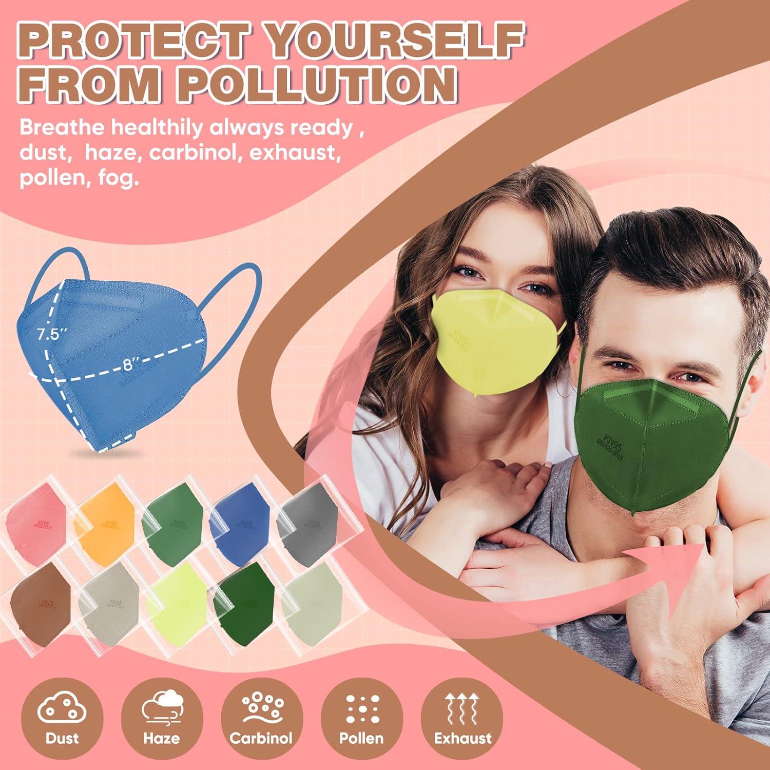 XDX KN95 Face Masks, 60PCS Individually Wrapped KN95 Pink Masks for Adults, 5 Layer Breathable Masks Disposable with Designs, Filter Efficiency ≥95%, Dusty Rose - Image 5