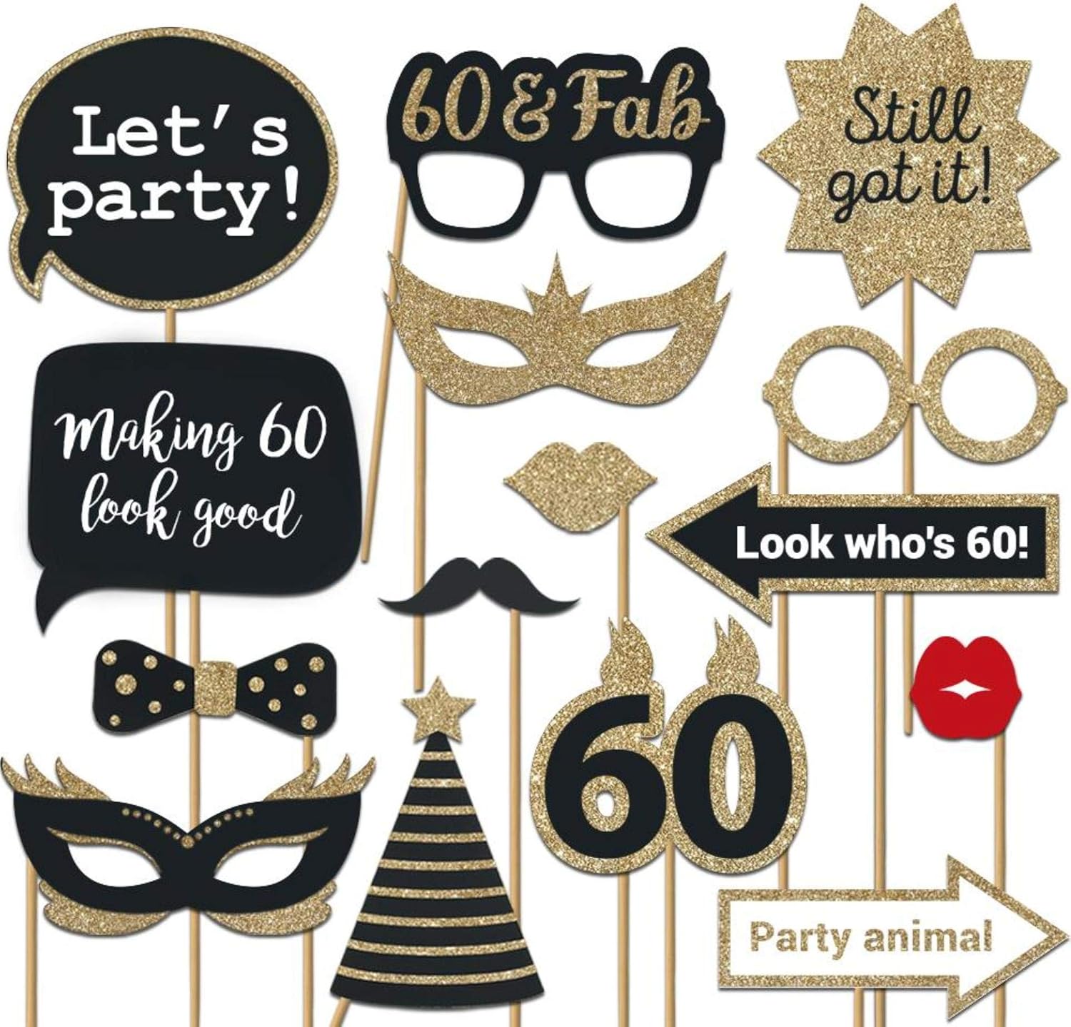 Fully Assembled 60th Birthday Photo Booth Props - Set of 30 - Black & Gold Selfie Signs - 60th Party Supplies & Decorations - Cute Bday Designs with Real Glitter - Did We Mention No DIY