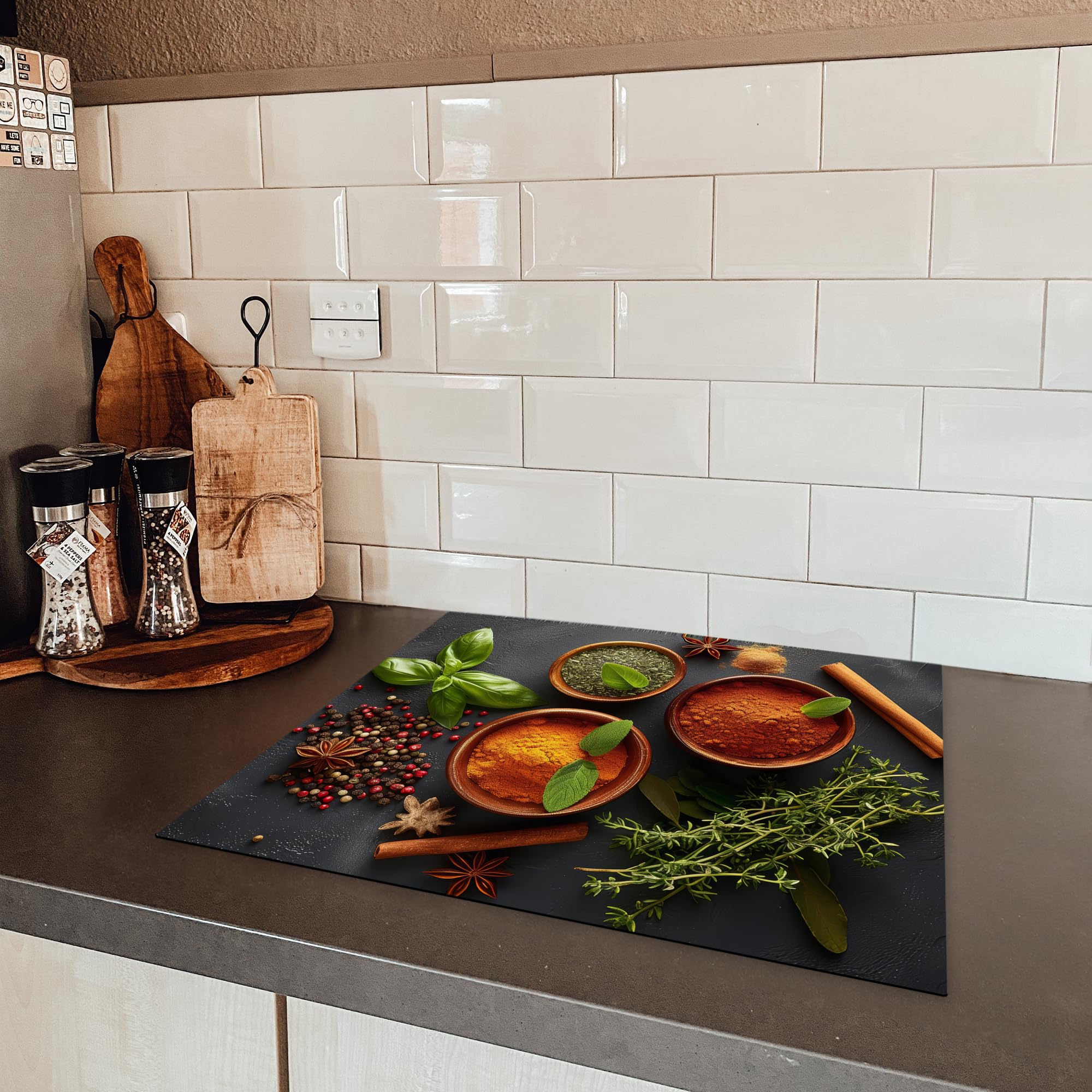 KitchenYeah© Induction Hob Protection 60 x 52 cm Decorative Kitchen Cover Herbs Accessory – Concrete – Cinnamon – Spices - 5