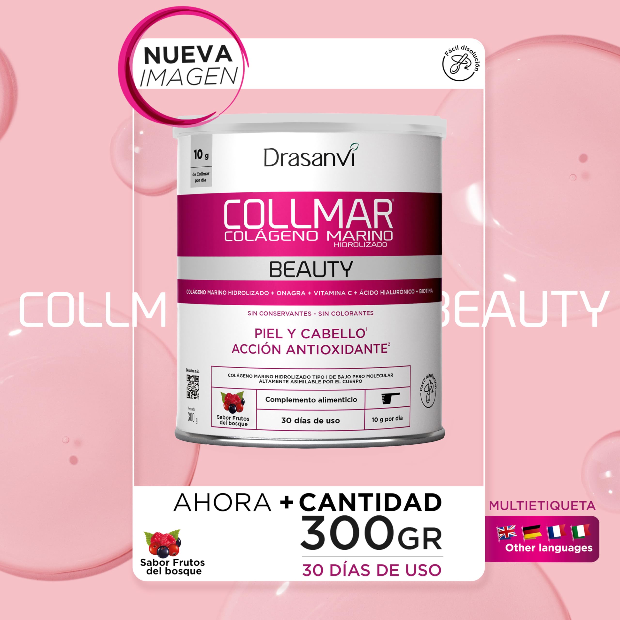 DRASANVI COLLMAR BEAUTY COLAGENO ACIDO HIALURONICO | Colágeno Marino Hidrolizado con Vitamina C Natural y Biotina |Beauty Collagen Piel Bonita e Hidratada| Sabor Frutos del Bosque, 300 GR= 30 Días