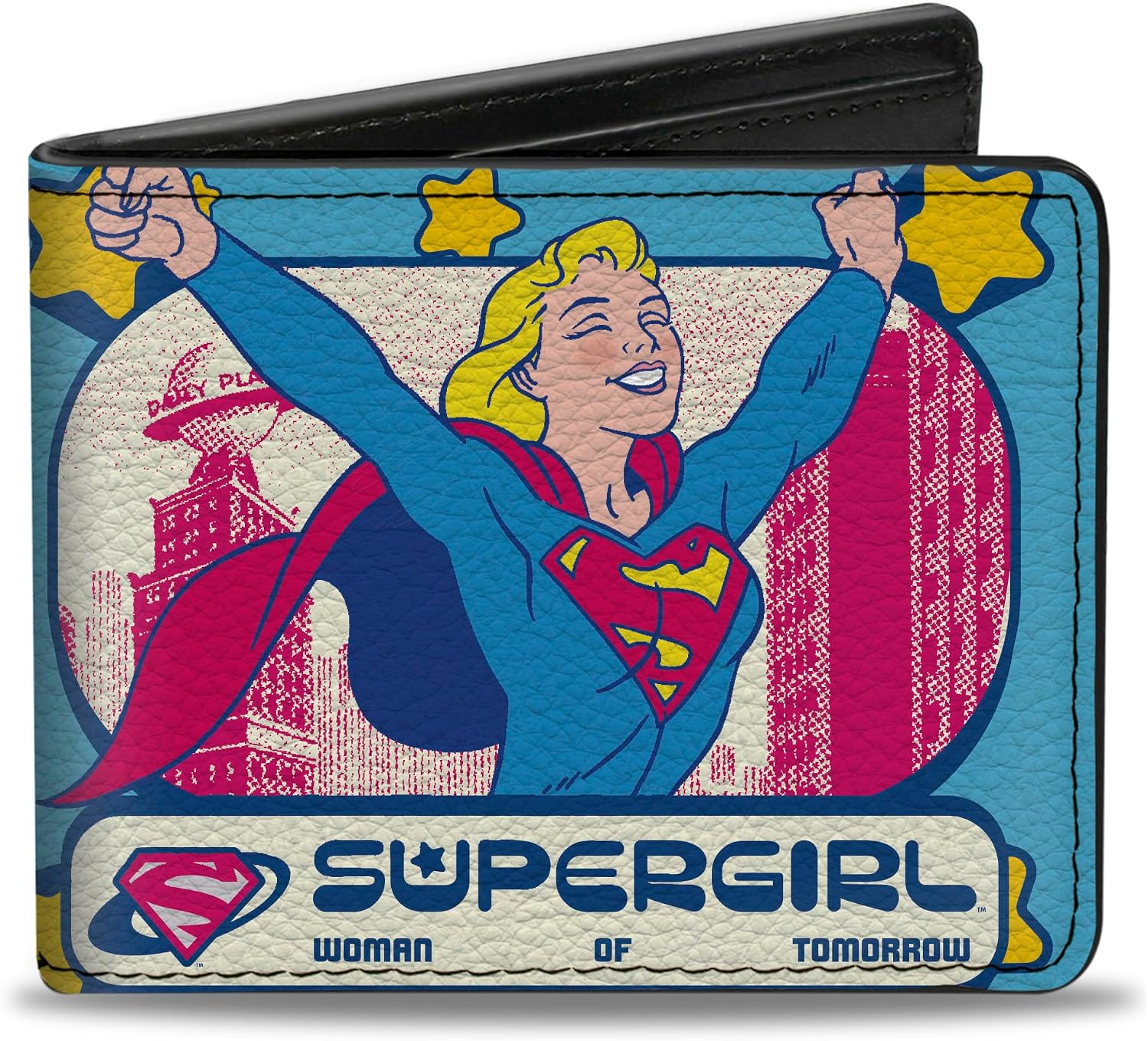 Buckle-Down DC Comics Wallet, Bifold, Supergirl Pop Pose Metropolis Skyline Blues Yellow, Vegan Leather