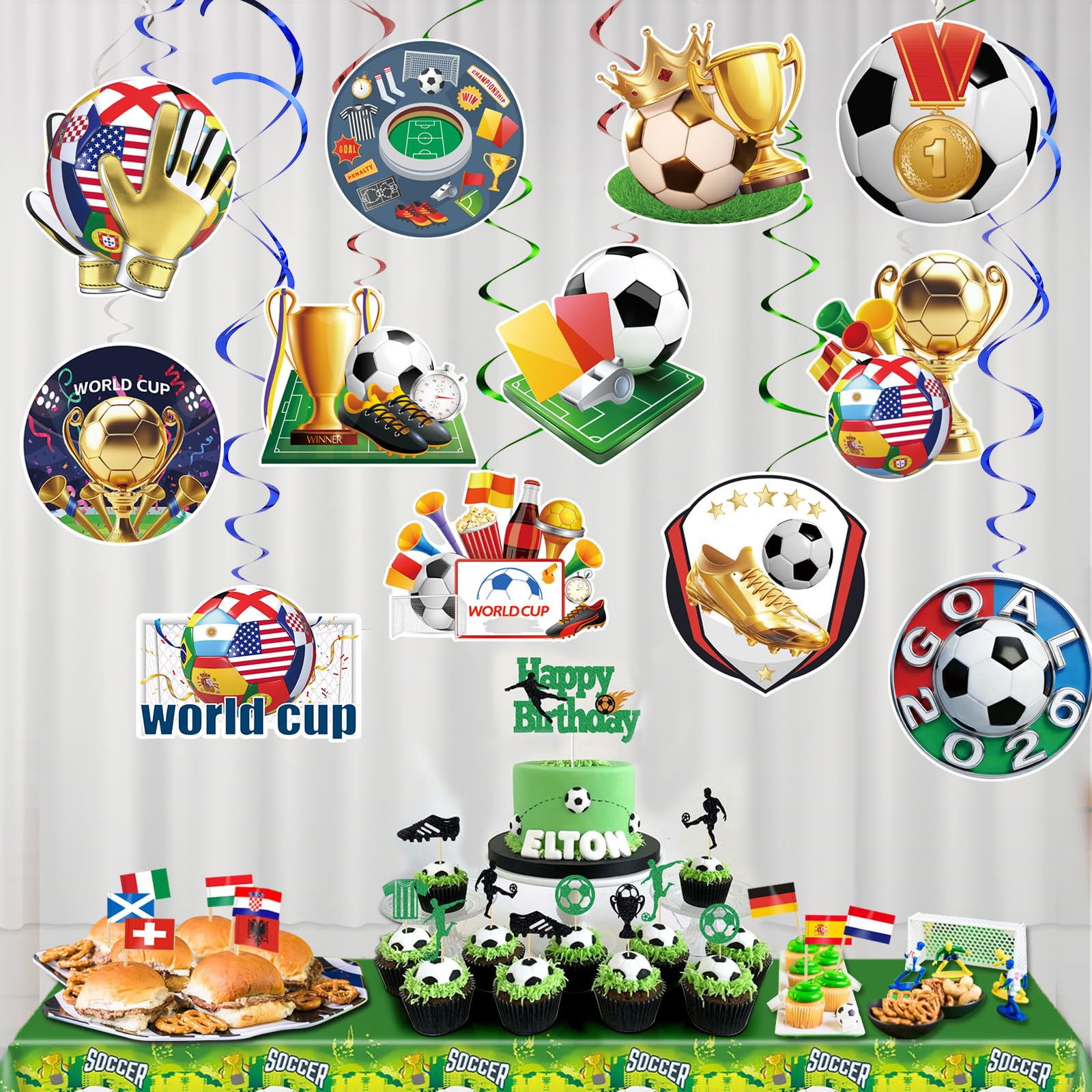 AhfuLife 14 Stück WM Deko 2026 Fußball Hängende Wirbel, Fußball Weltmeisterschaft Deckenhänger Spiral mit Teilnehmerland-Flaggen, Pokal Elementen für Fans Fussball Geburtstag Partyzubehör - 4