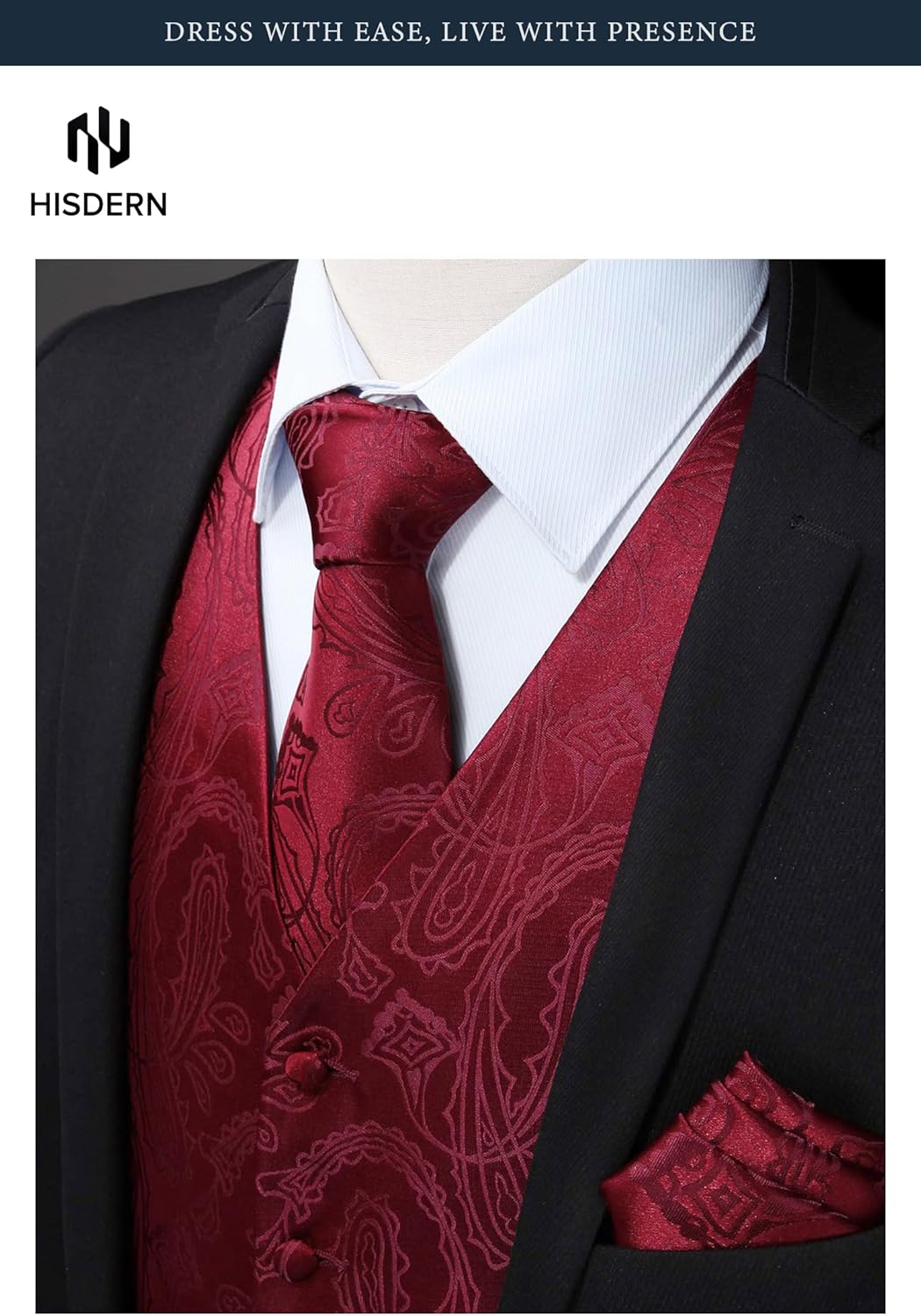 HISDERN Mens Vest Tie Set 3PC Formal Waistcoat Paisley Floral Jacquard Necktie Pocket Square Suit Vests Wedding Party