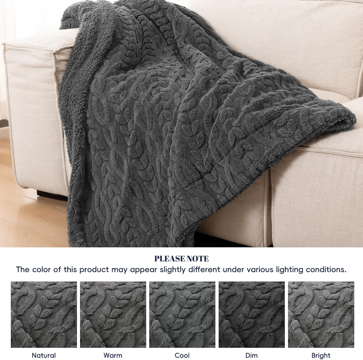 PHF Fluffy Sherpa Blanket Queen Size for Winter, Warm and Soft, 510GSM 3D Jacquard Thick Shaggy Fleece Plush Blanket for Sofa Bed, Dark Grey, 90"x90" - Image 5