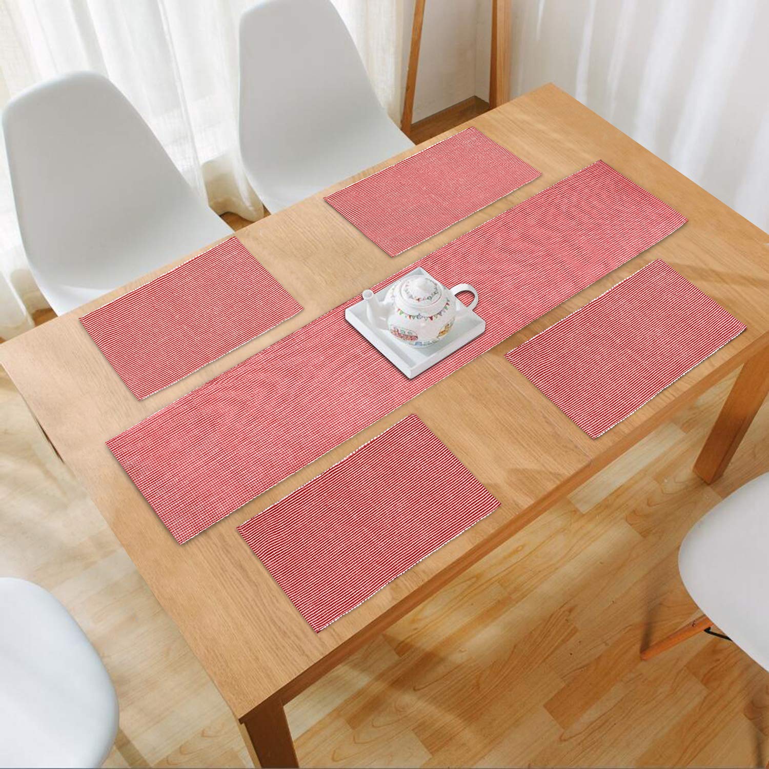 HOKIPO Blue Ribbed Placemats & Table Runner -25