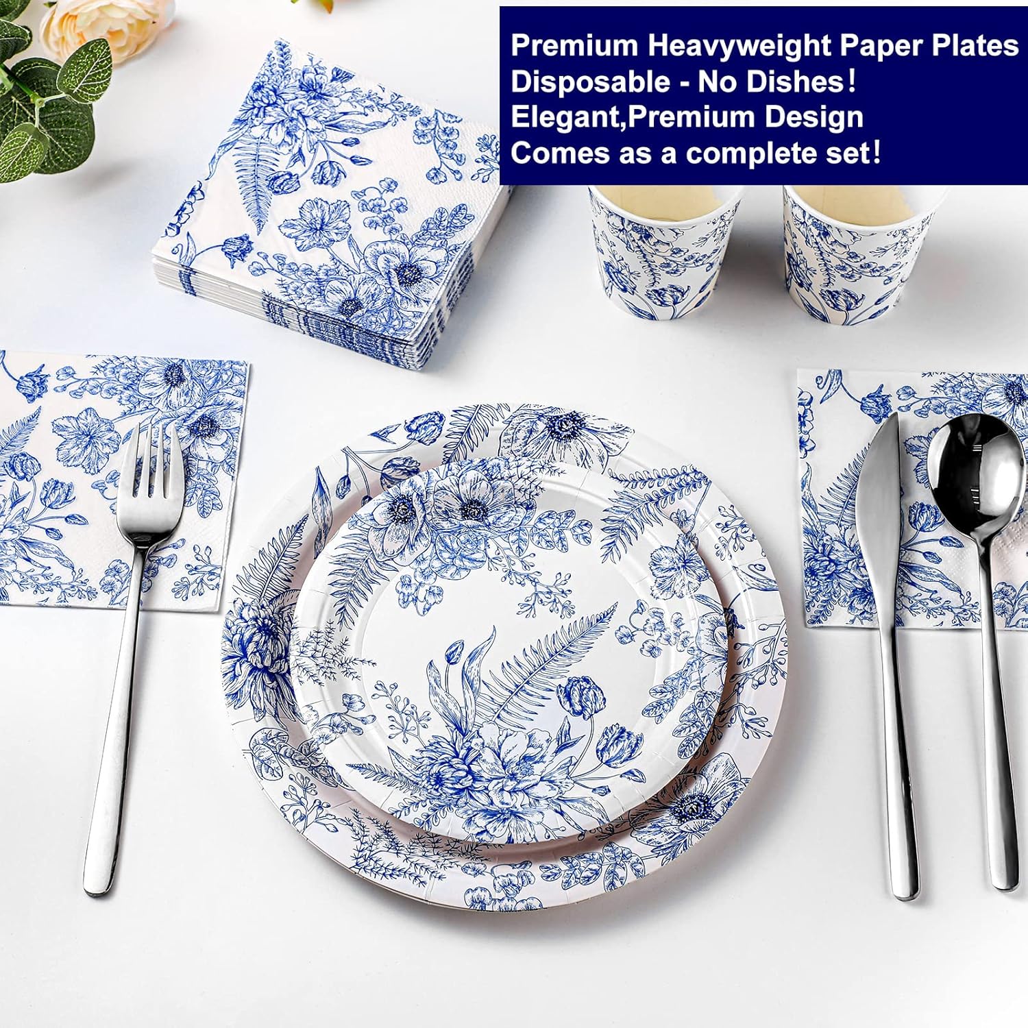 Dandat 250 Pcs Blue Floral Paper Plates and Napkins Blue Bridal Shower Tea Party Decorations Blues White Floral Tableware Set for 50 Guests Disposable Plates Napkins Cups Wedding Baby Bridal Shower