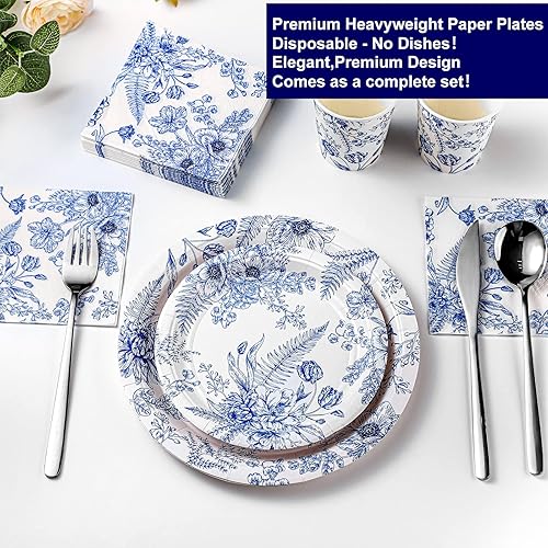 Miniatura 3 de Dandat Juego de 250 platos y servilletas desechables florales azules y blancas para 50 invitados, platos desechables, servilletas, tazas para bodas,