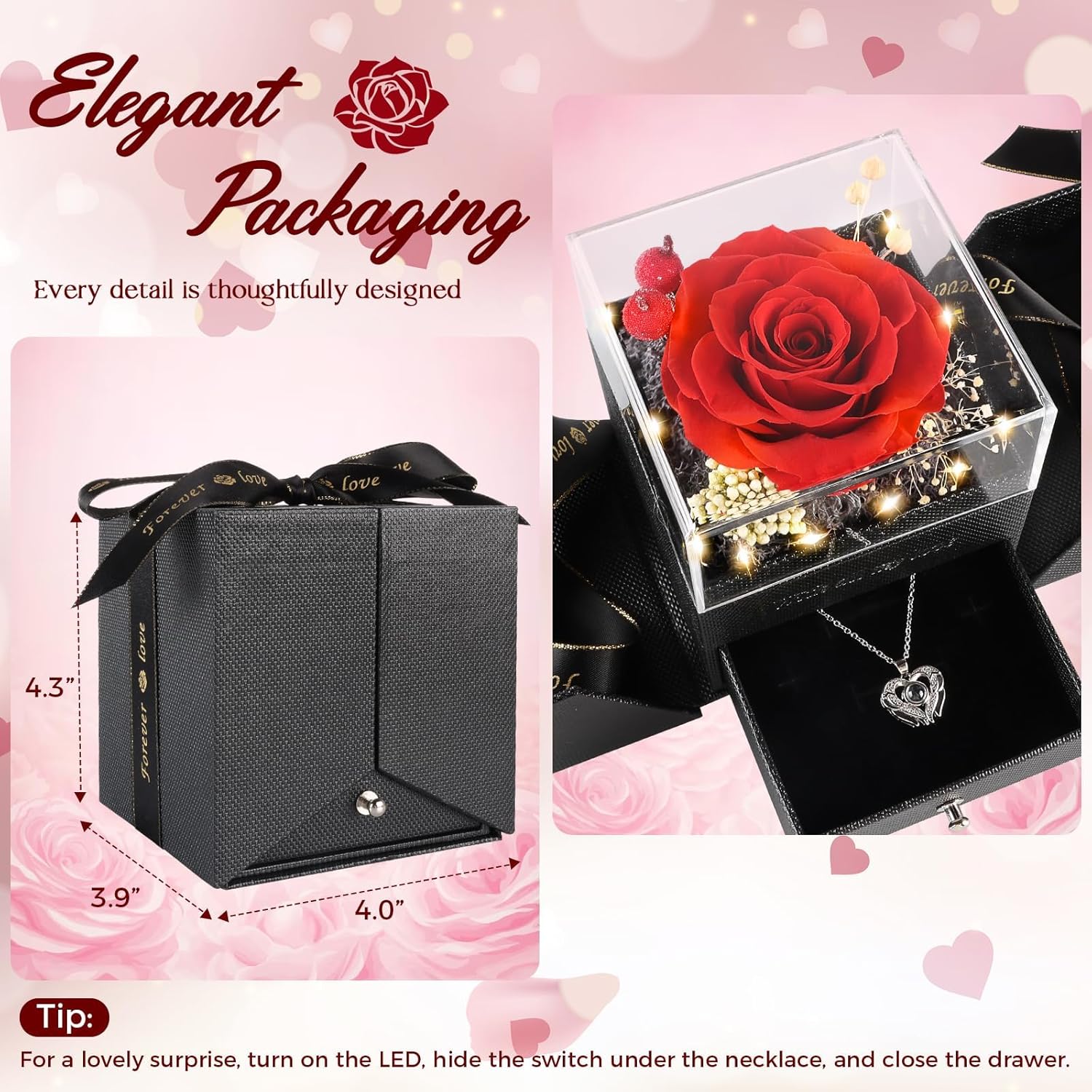 TranquilBliss Preserved Real Red Rose Gift Box with Heart Necklace, “I Love You” in 100 Languages, Romantic Gift for Wife or Girlfriend, Birthday, Anniversary or Special Occasion Gift for Her