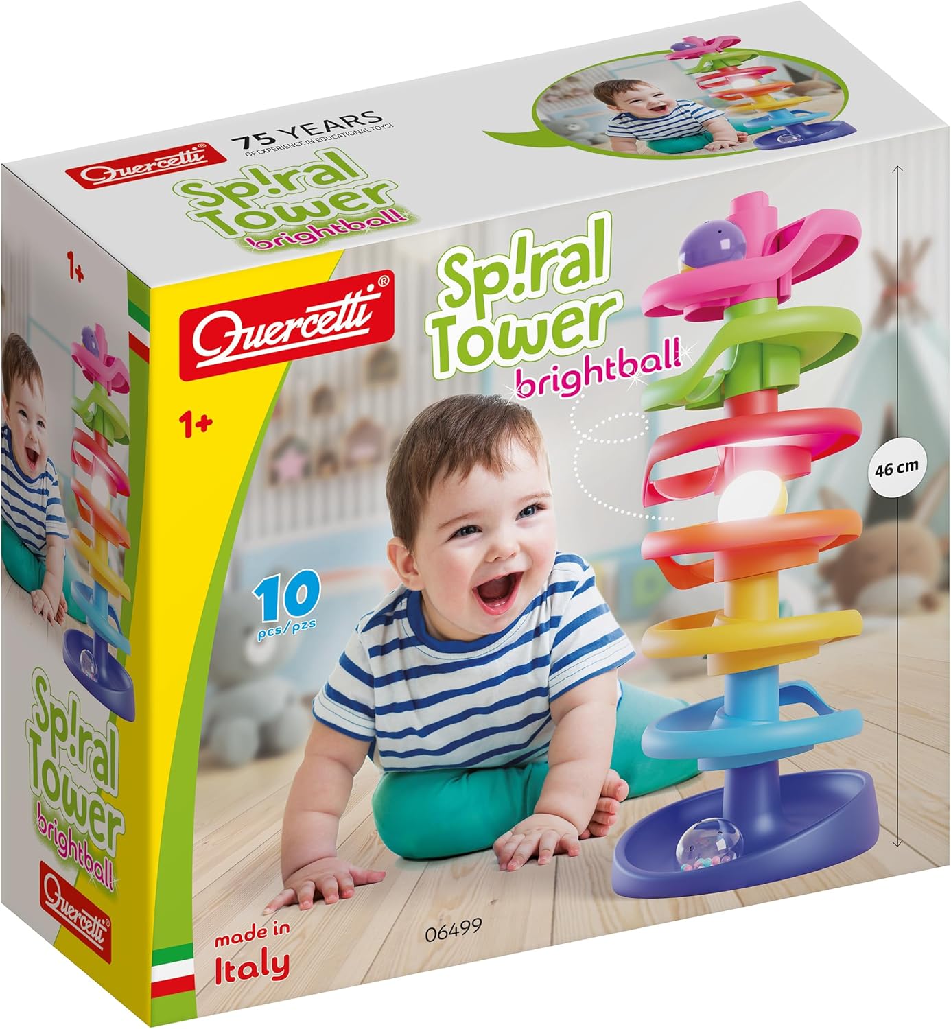 Quercetti: Spiral Tower Brightball - 10pc Swirling 3 Ball Run Toy, Light-Up Ball, Colorful Stacking, Interactive Building Play, Baby & Toddlers 1+
