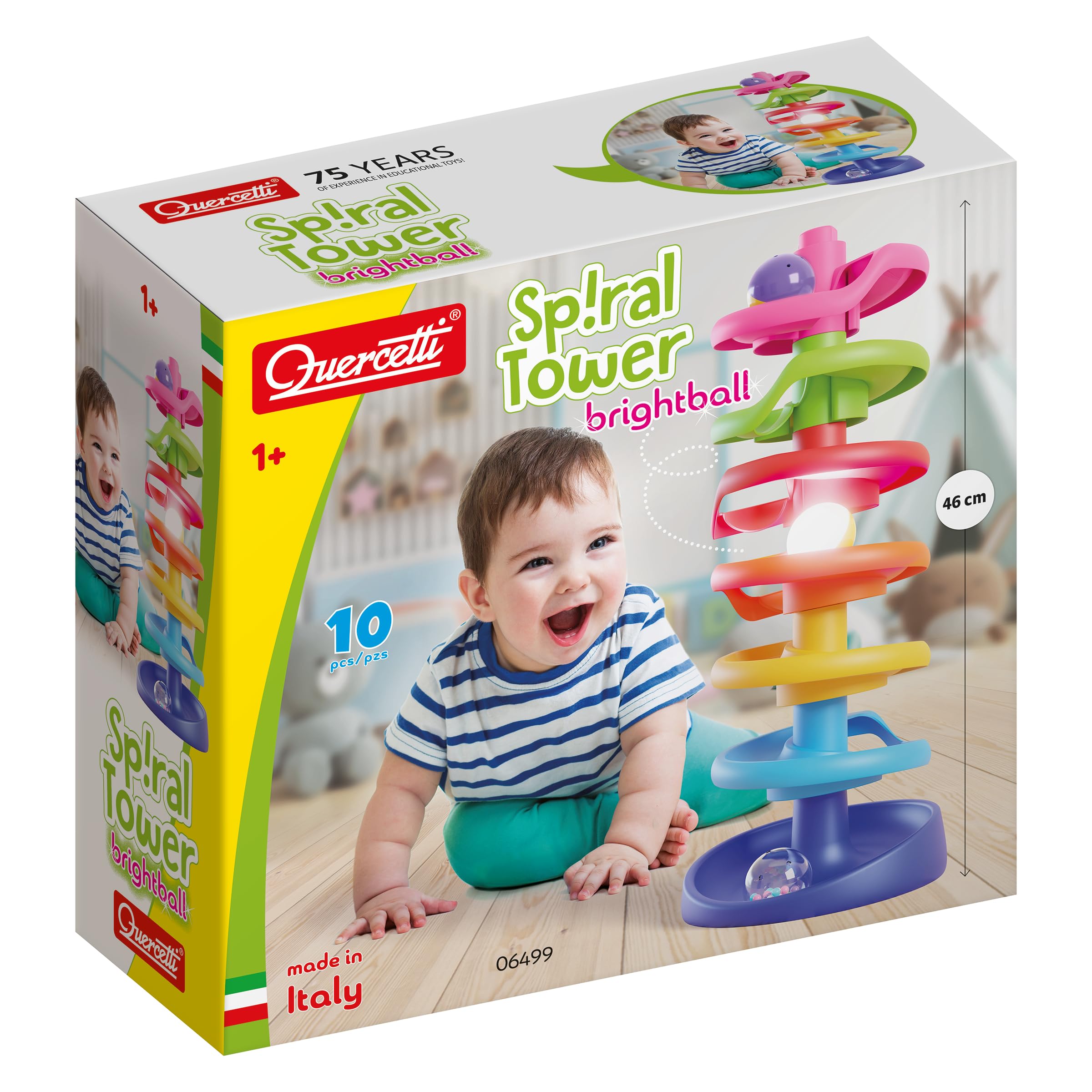 Quercetti Spiral Tower Brightball, Pista Biglie per Bambini, Gioco educativo 1 Anno+ con Biglie Colorate e Luminose, Stimola Motricità Fine e Coordinazione, Giochi Bambini 1 Anno