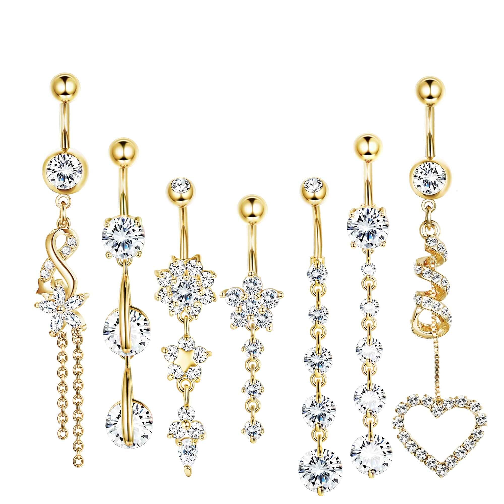 LOLIAS 7 Pcs Surgical Steel Dangle Belly Button Ring Piercing for Women Hypoallergenic Long Belly Rings Gold Silver 14G Navel Button Piercing CZ Flower Heart Curved Navel Piercing Jewelry